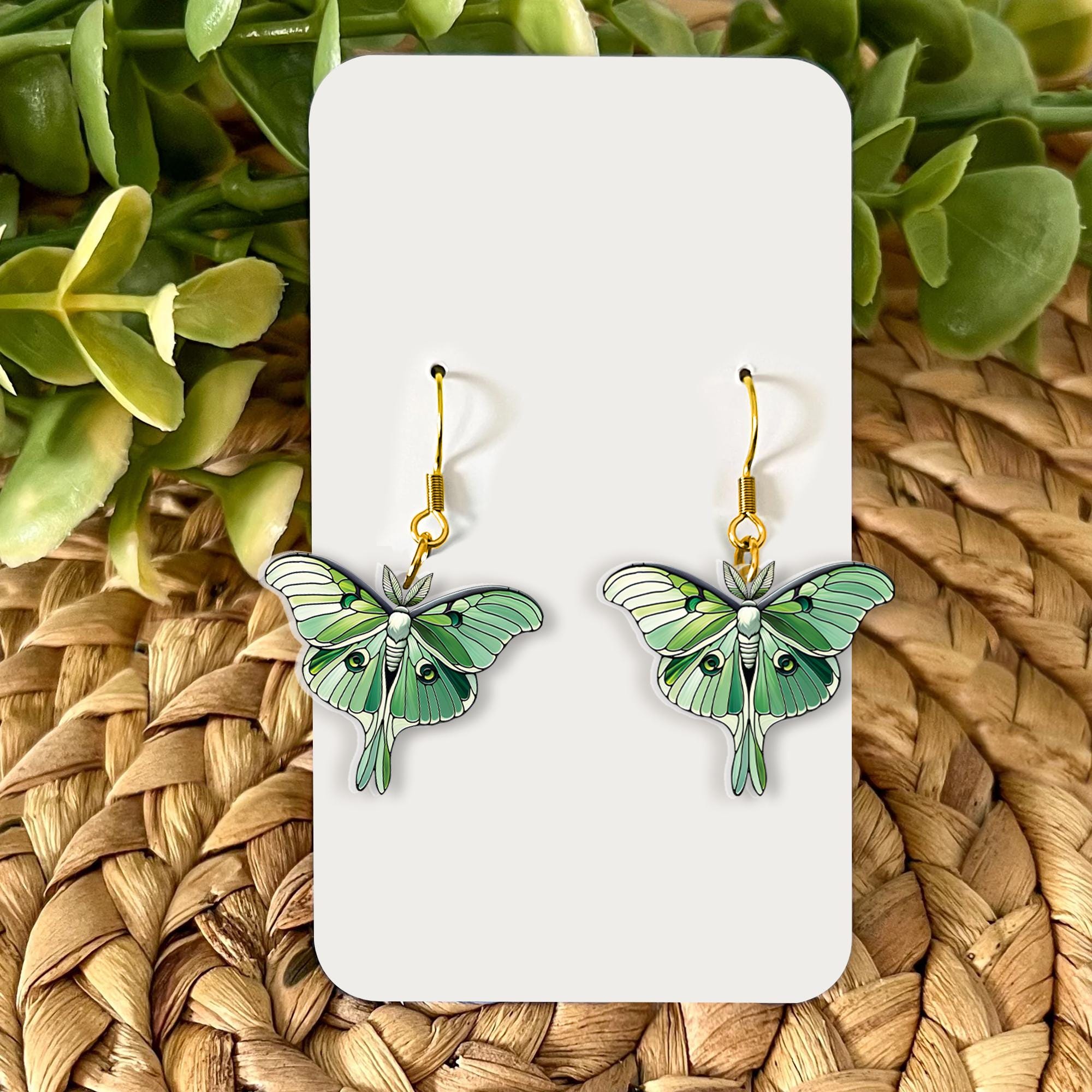 Luna Moth Earrings, Nature-Inspired Green Moth Jewelry, Lightweight Acrylic Woodland Dangle Earrings, Cottagecore Fairycore Gift