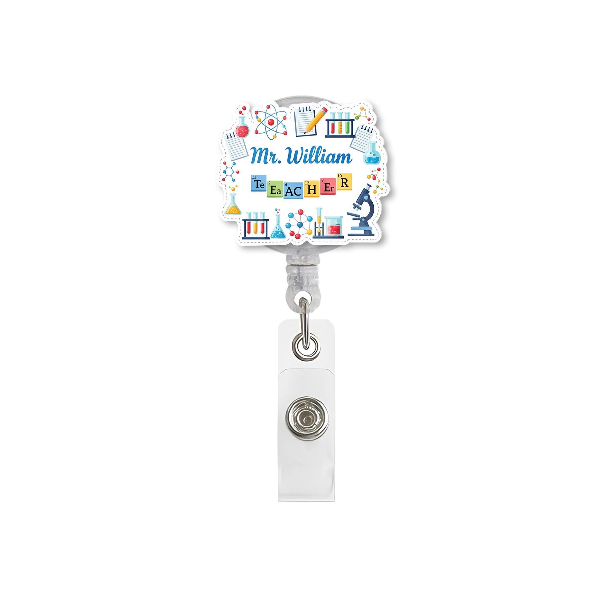Personalized Science Teacher Badge Reel | Custom Name ID Holder with Chemistry Icons | Back to School Gift for STEM Educators, Teachers