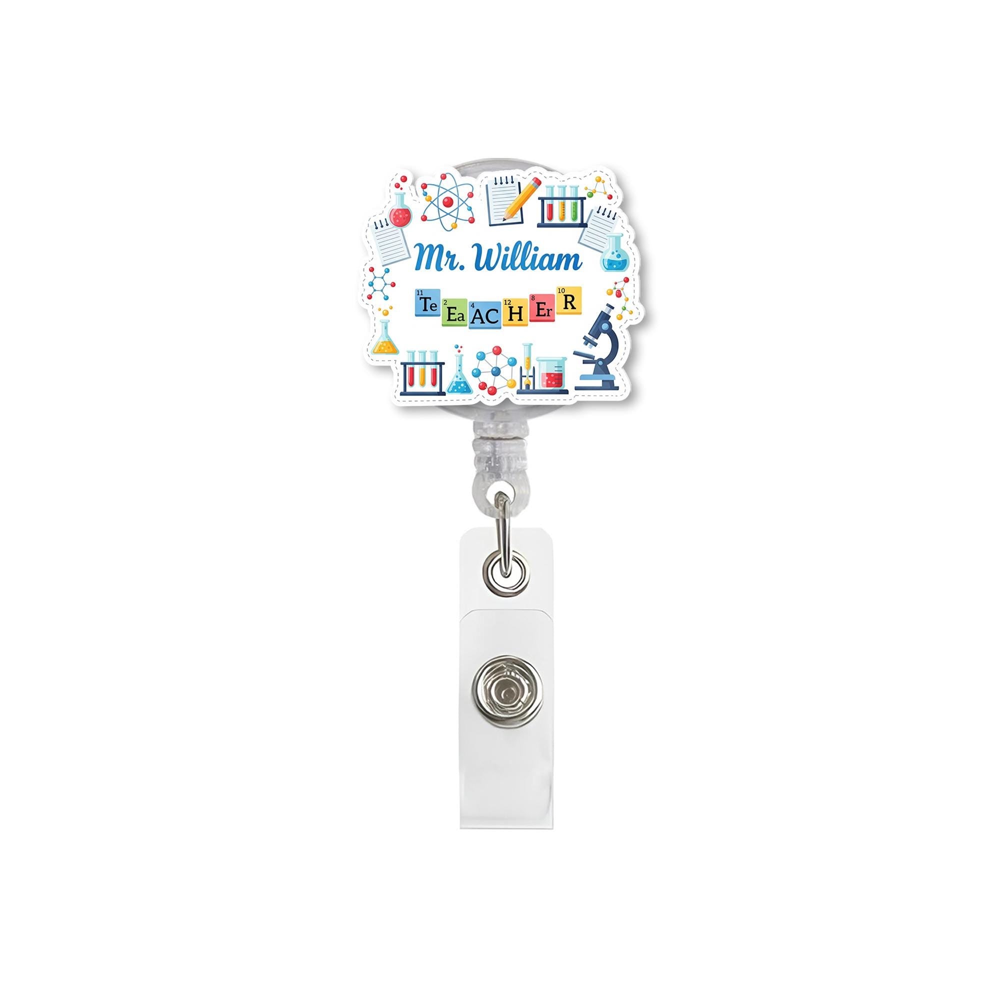 Personalized Science Teacher Badge Reel | Custom Name ID Holder with Chemistry Icons | Back to School Gift for STEM Educators, Teachers