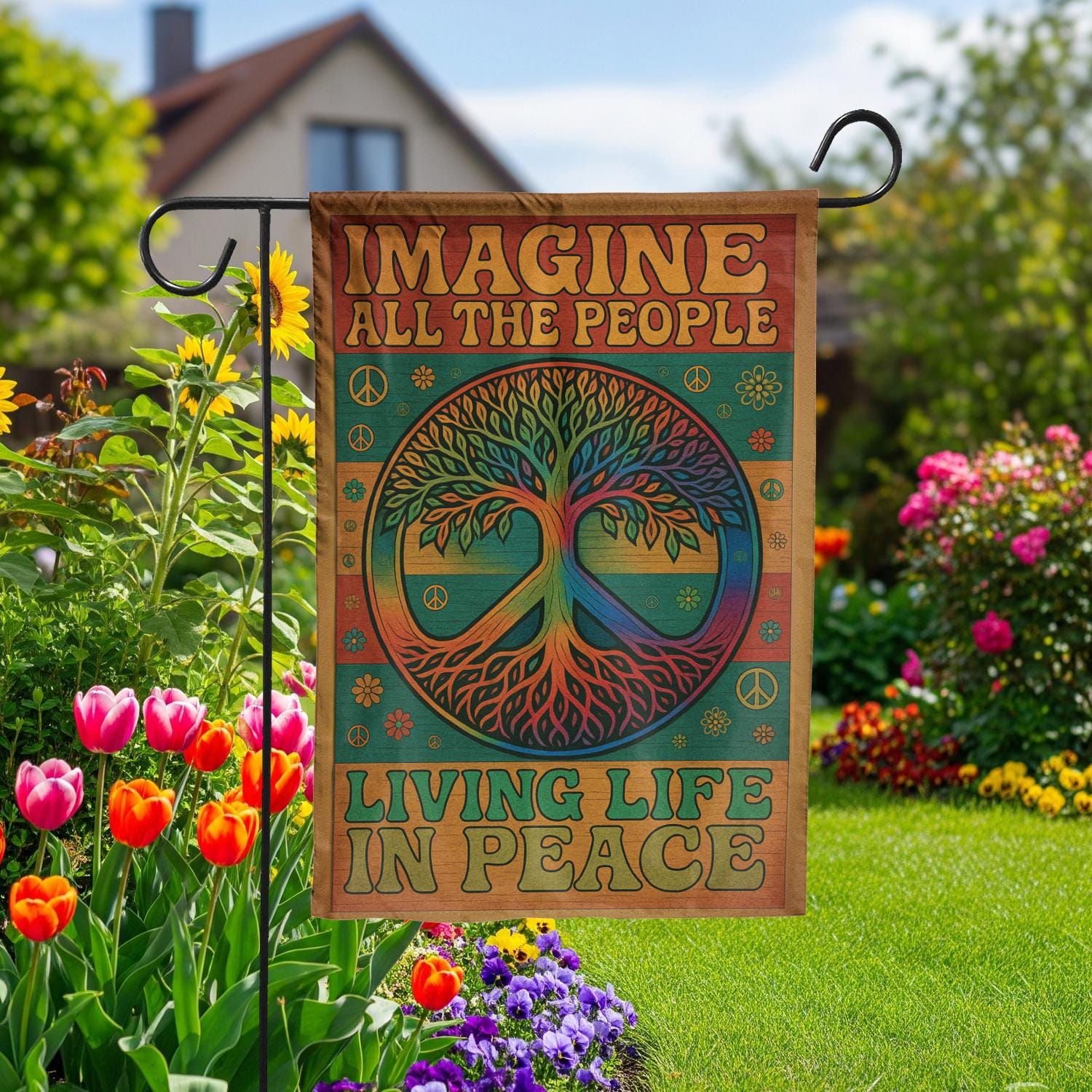 Peace Tree Garden Flag, Hippie Yard Decor with Imagine All The People Quote, Retro Outdoor Banner for Peaceful Home Vibes, tree of life flag