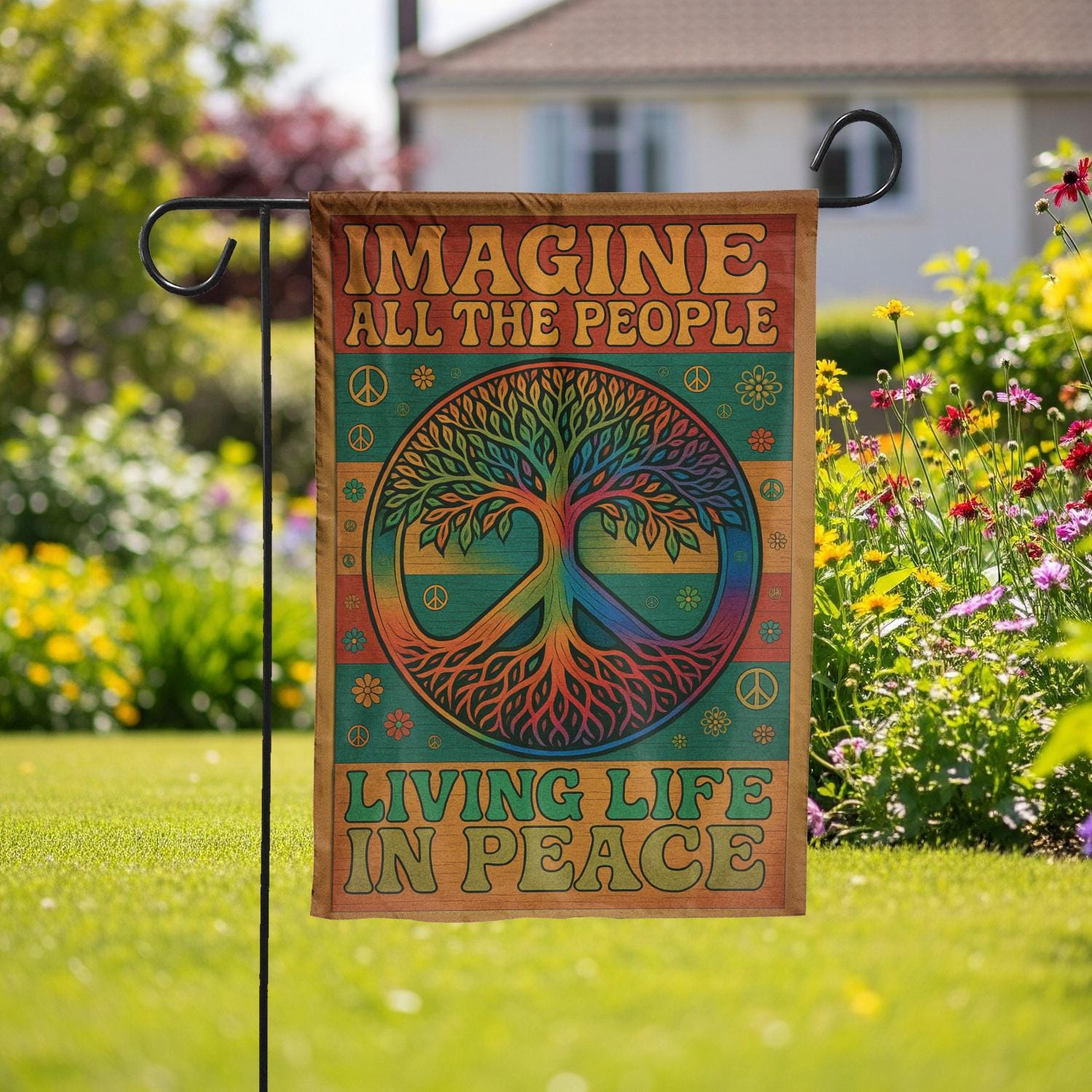 Peace Tree Garden Flag, Hippie Yard Decor with Imagine All The People Quote, Retro Outdoor Banner for Peaceful Home Vibes, tree of life flag