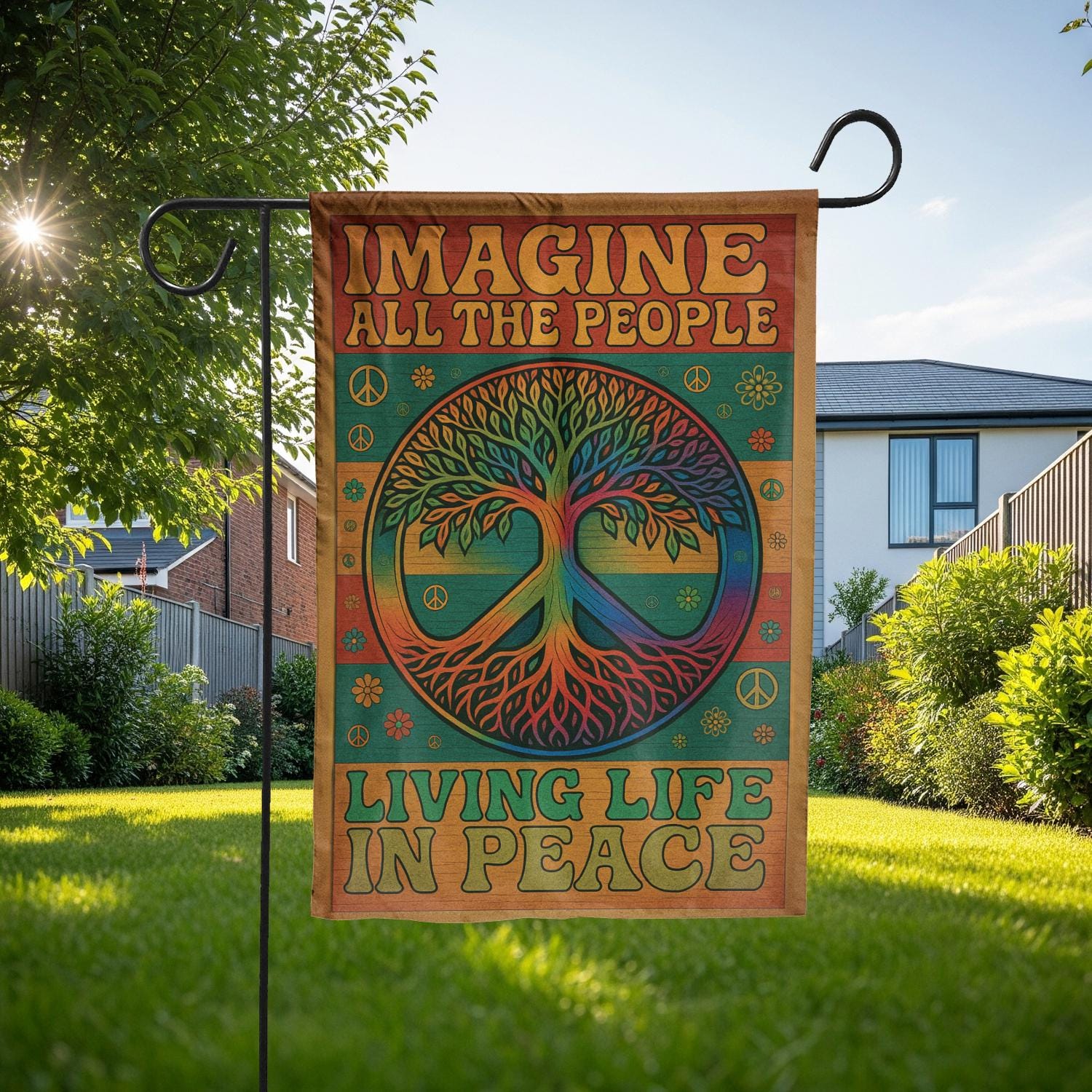 Peace Tree Garden Flag, Hippie Yard Decor with Imagine All The People Quote, Retro Outdoor Banner for Peaceful Home Vibes, tree of life flag