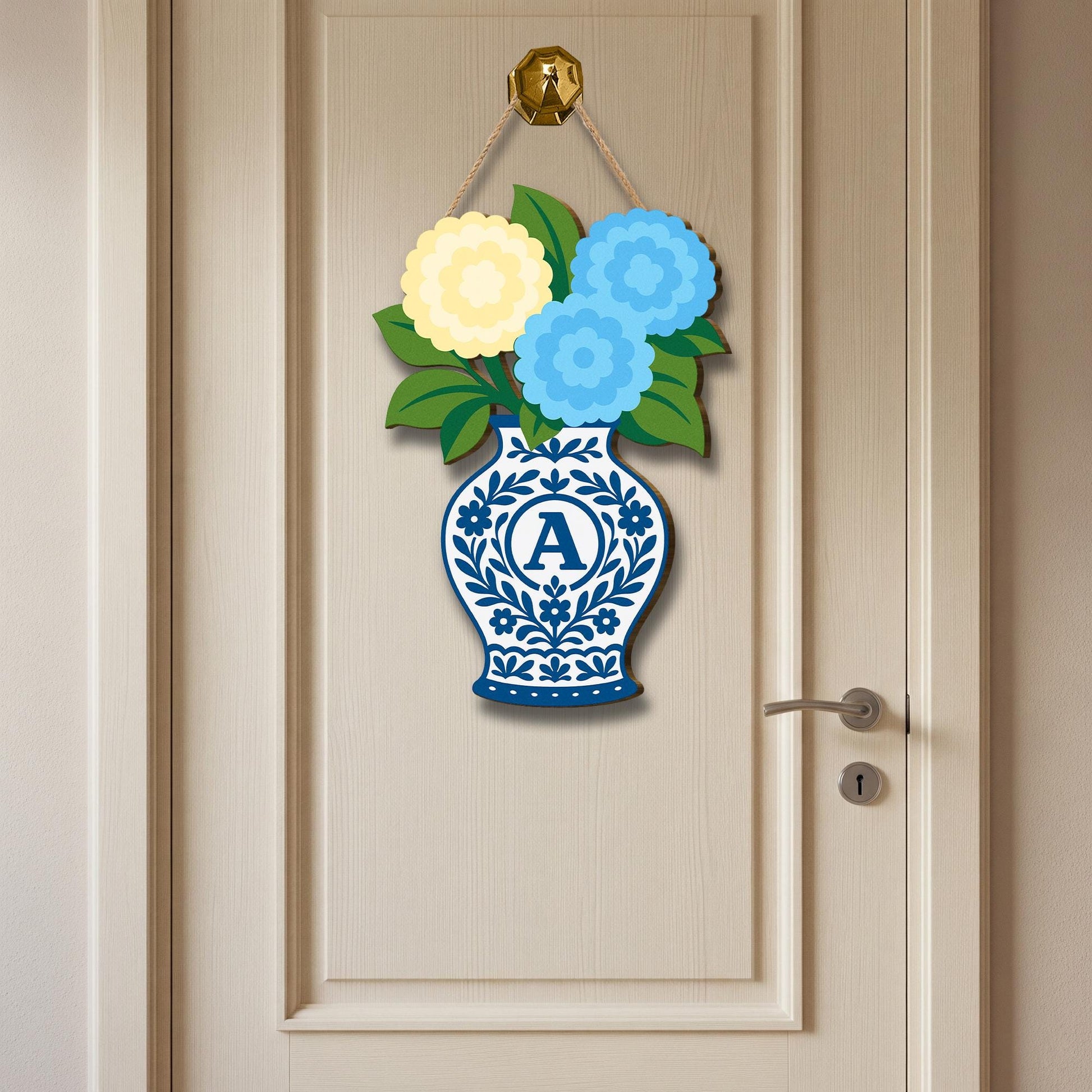 Hydrangea Chinoiserie Vase Monogram Door Hanger, Blue and White Floral Front Door Wooden Decor, Personalized Summer Door Sign