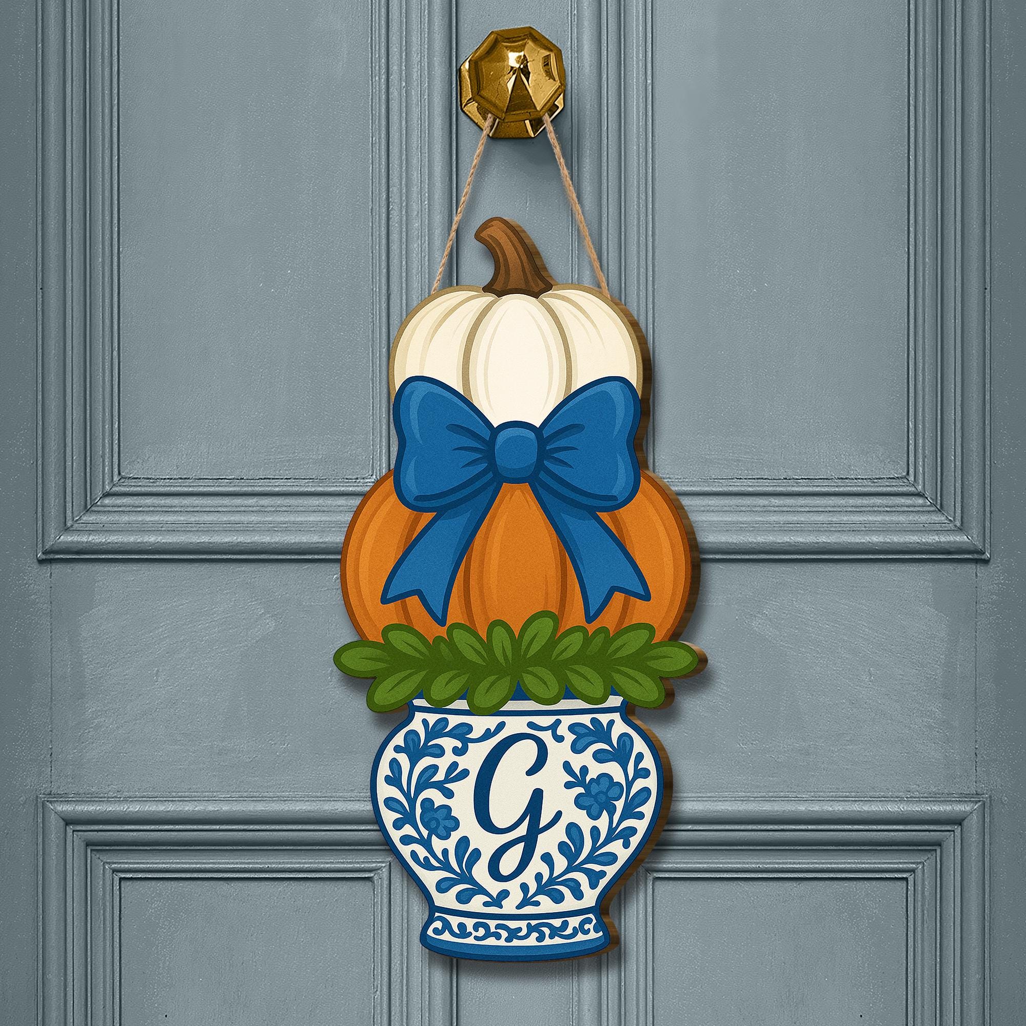 Monogram Pumpkin Door Hanger with Blue Chinoiserie Vase | Fall Front Door Decor | Personalized Autumn Hanging Sign with Bow, Halloween Decor