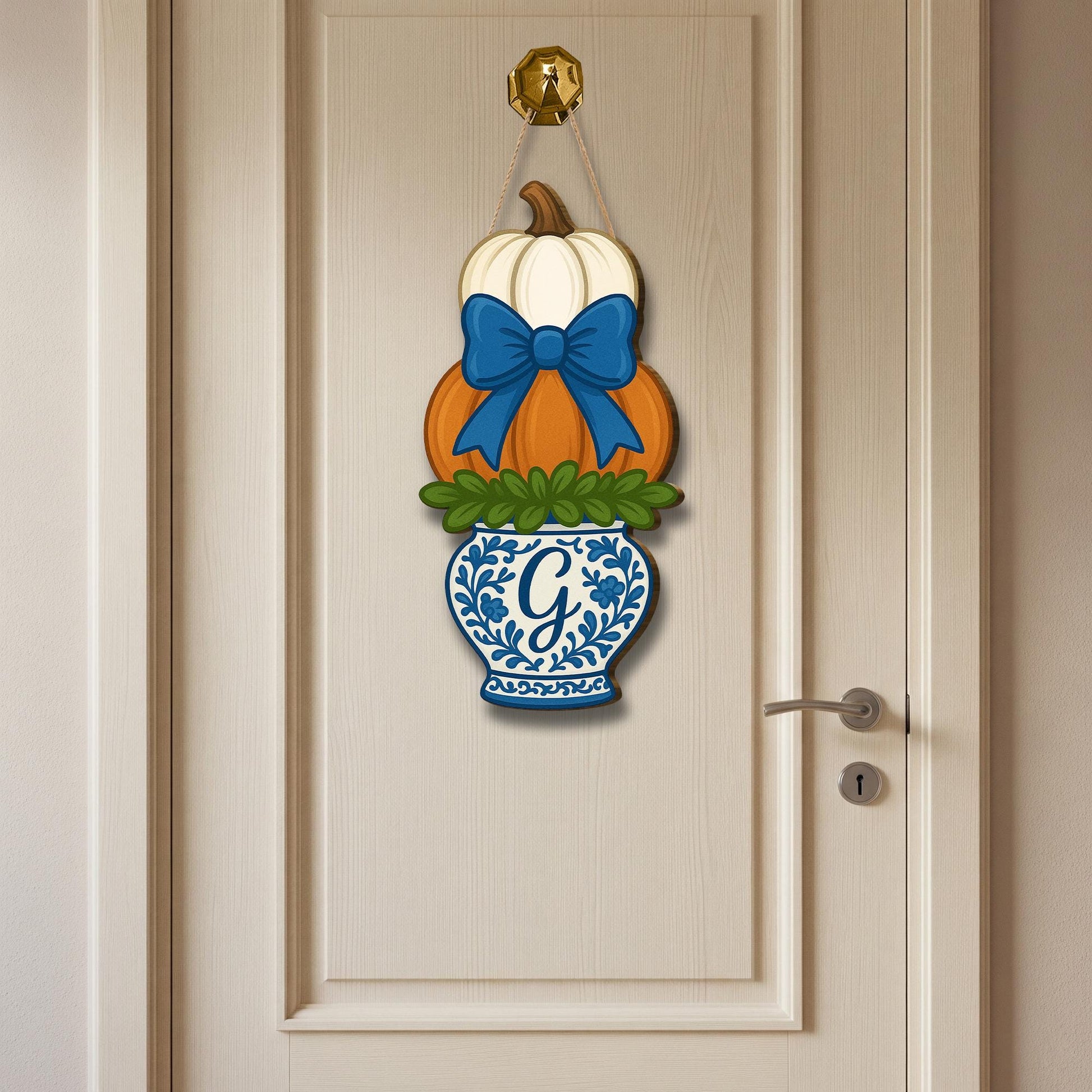 Monogram Pumpkin Door Hanger with Blue Chinoiserie Vase | Fall Front Door Decor | Personalized Autumn Hanging Sign with Bow, Halloween Decor
