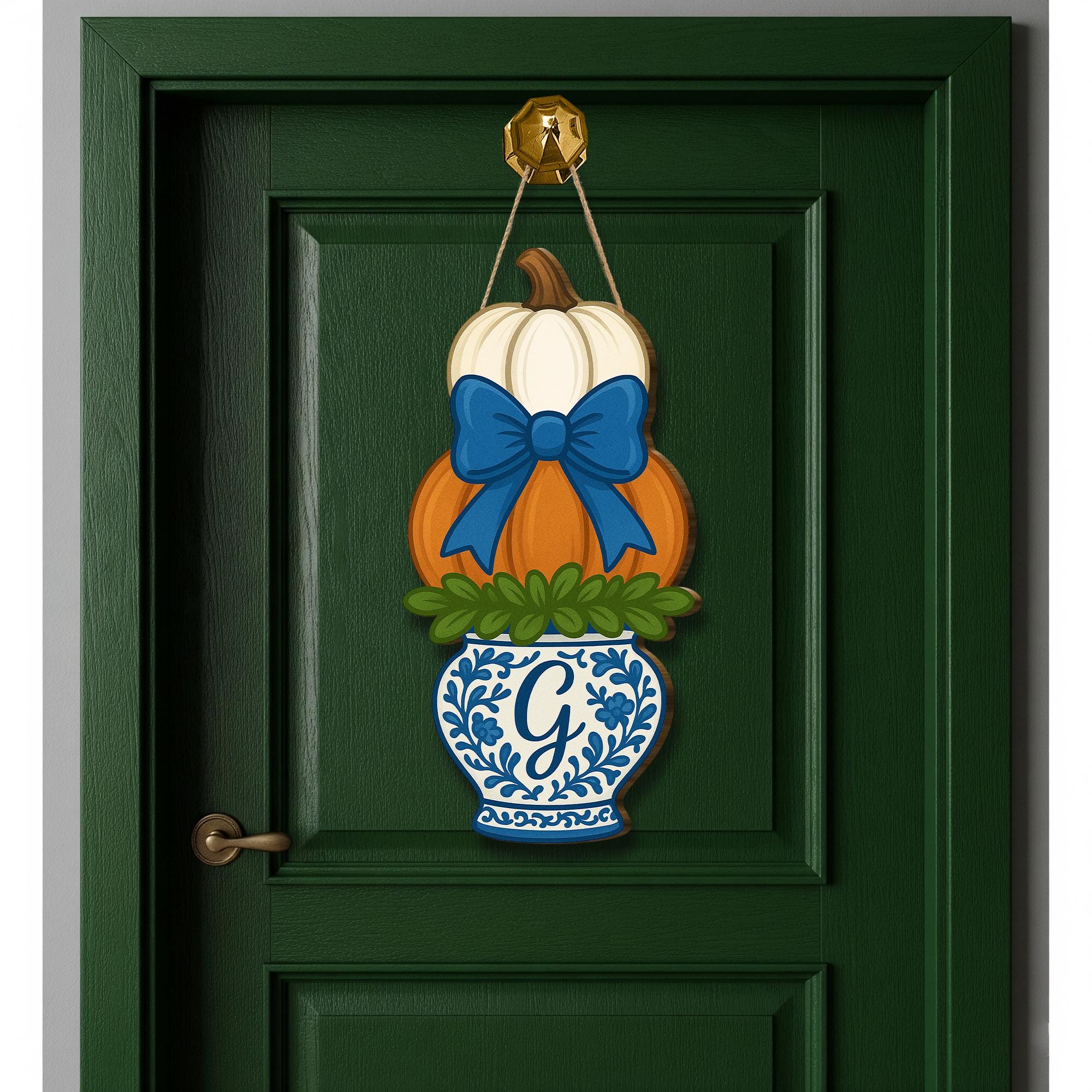 Monogram Pumpkin Door Hanger with Blue Chinoiserie Vase | Fall Front Door Decor | Personalized Autumn Hanging Sign with Bow, Halloween Decor