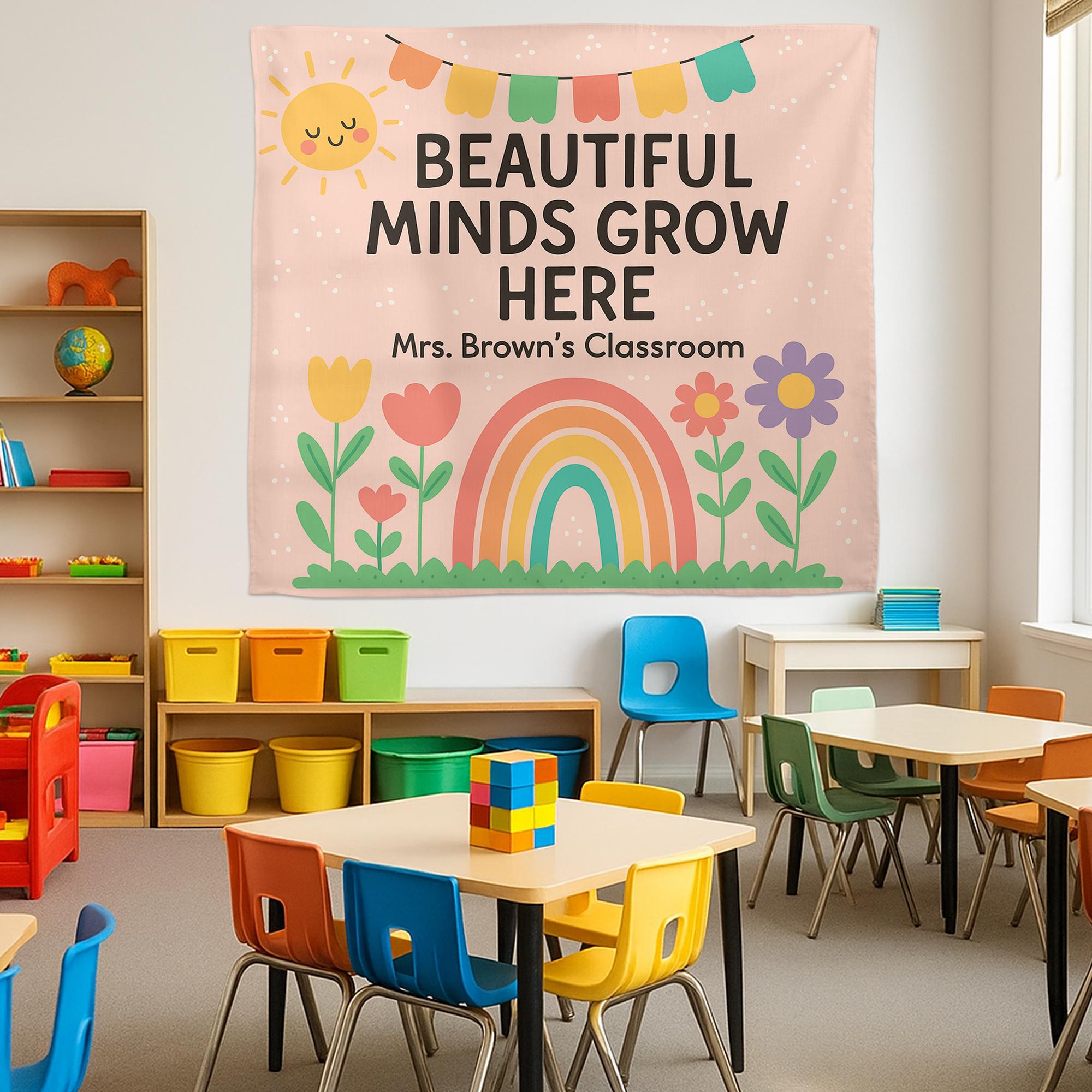 Beautiful Minds Grow Here Classroom Banner, Personalized Teacher Wall Decor, Rainbow Floral Back to School Sign for Kid Room, Back To School