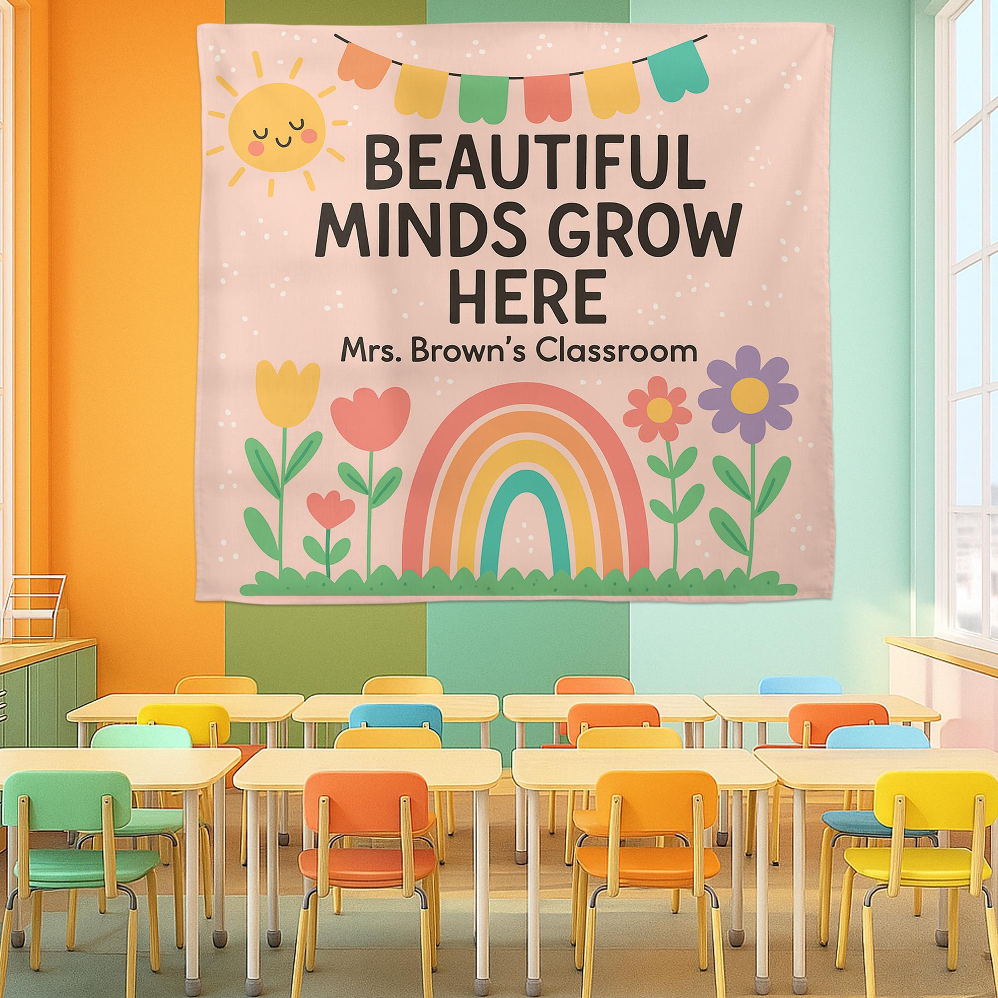 Beautiful Minds Grow Here Classroom Banner, Personalized Teacher Wall Decor, Rainbow Floral Back to School Sign for Kid Room, Back To School