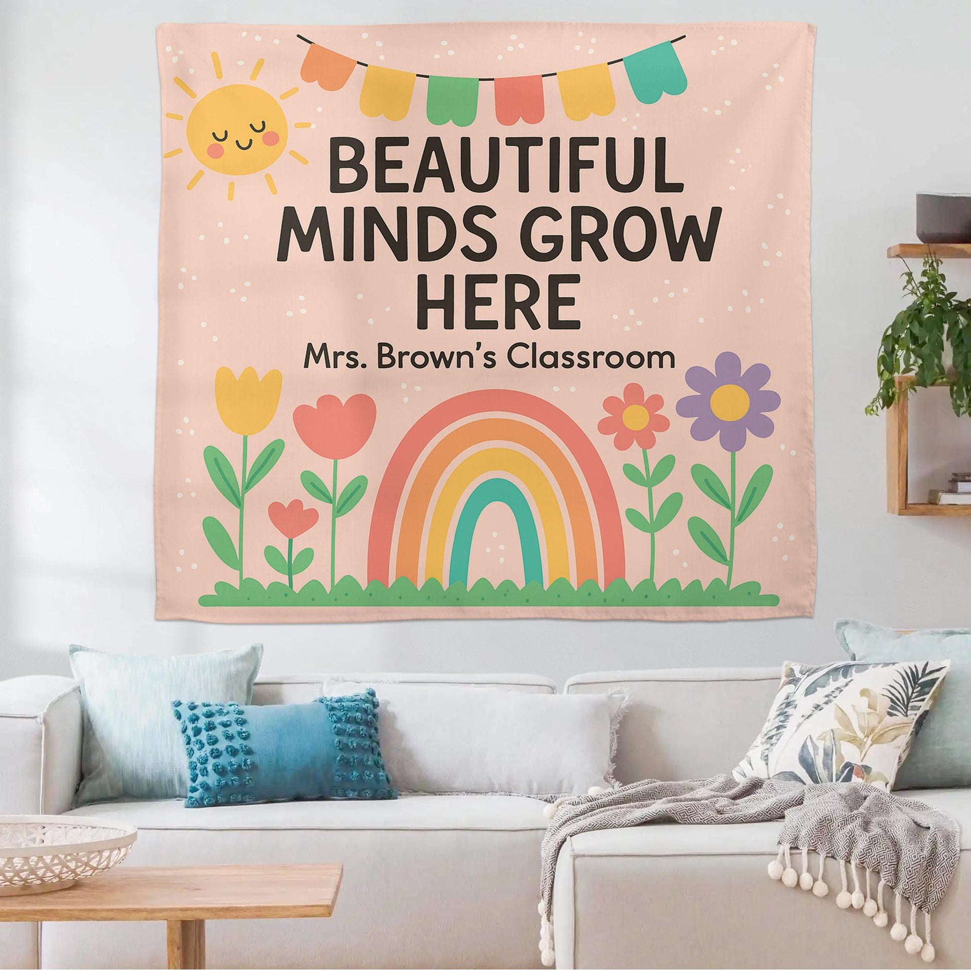 Beautiful Minds Grow Here Classroom Banner, Personalized Teacher Wall Decor, Rainbow Floral Back to School Sign for Kid Room, Back To School