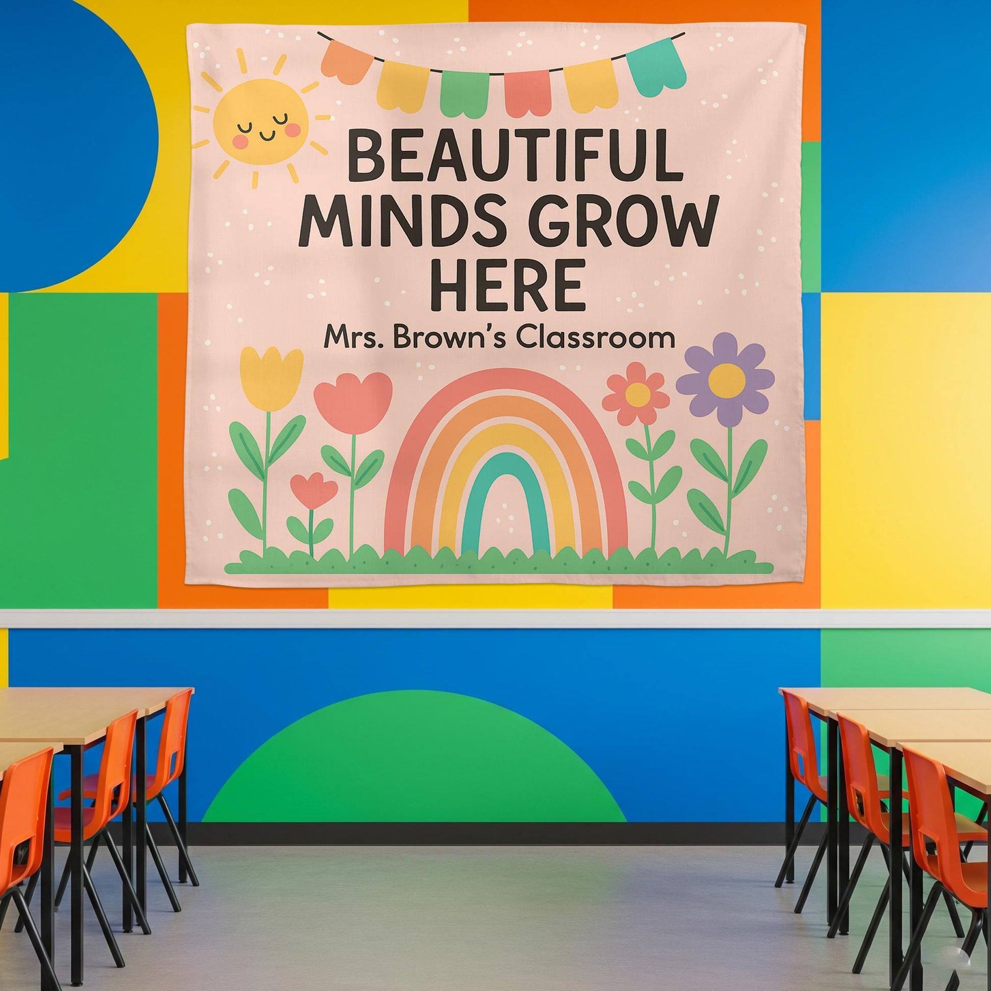 Beautiful Minds Grow Here Classroom Banner, Personalized Teacher Wall Decor, Rainbow Floral Back to School Sign for Kid Room, Back To School