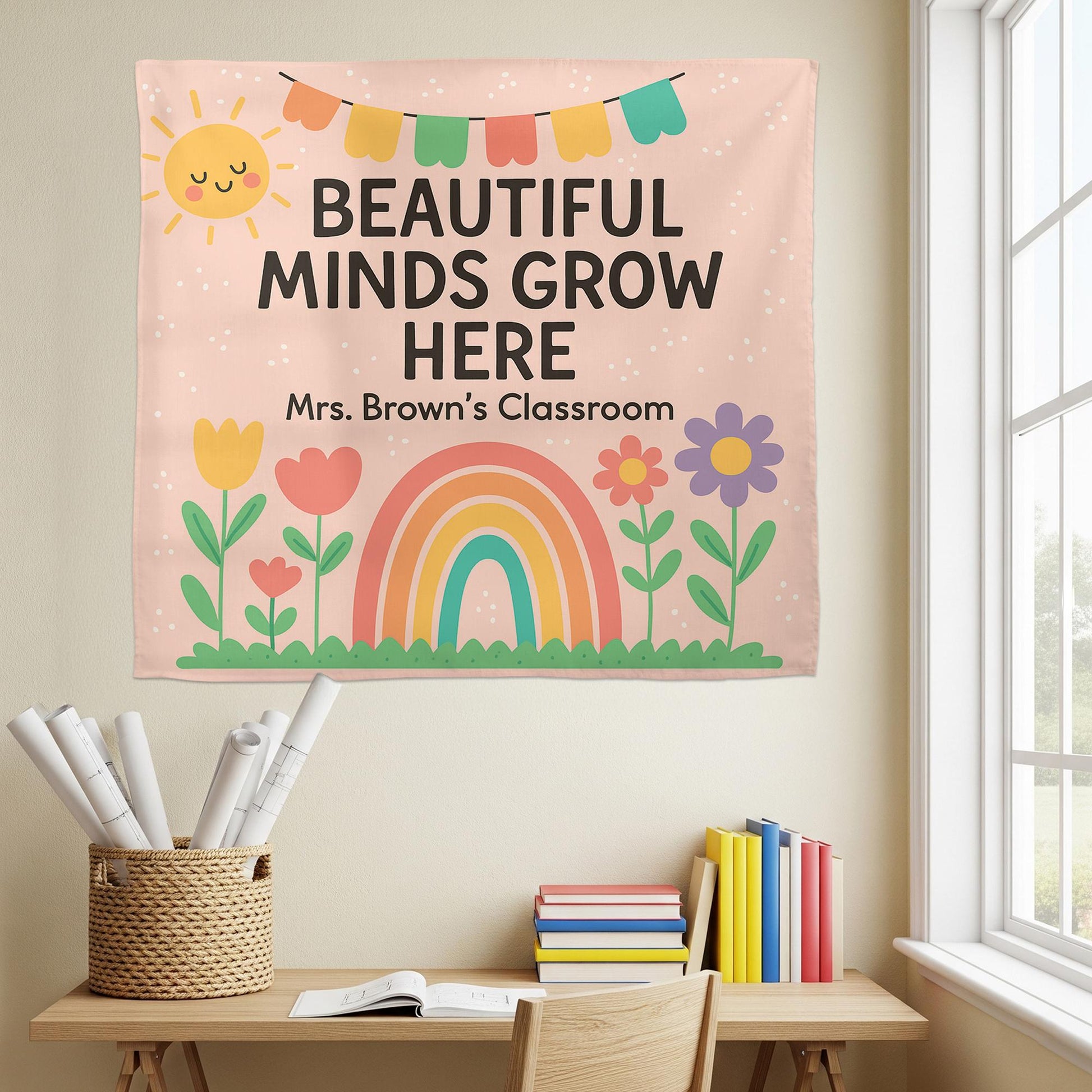 Beautiful Minds Grow Here Classroom Banner, Personalized Teacher Wall Decor, Rainbow Floral Back to School Sign for Kid Room, Back To School