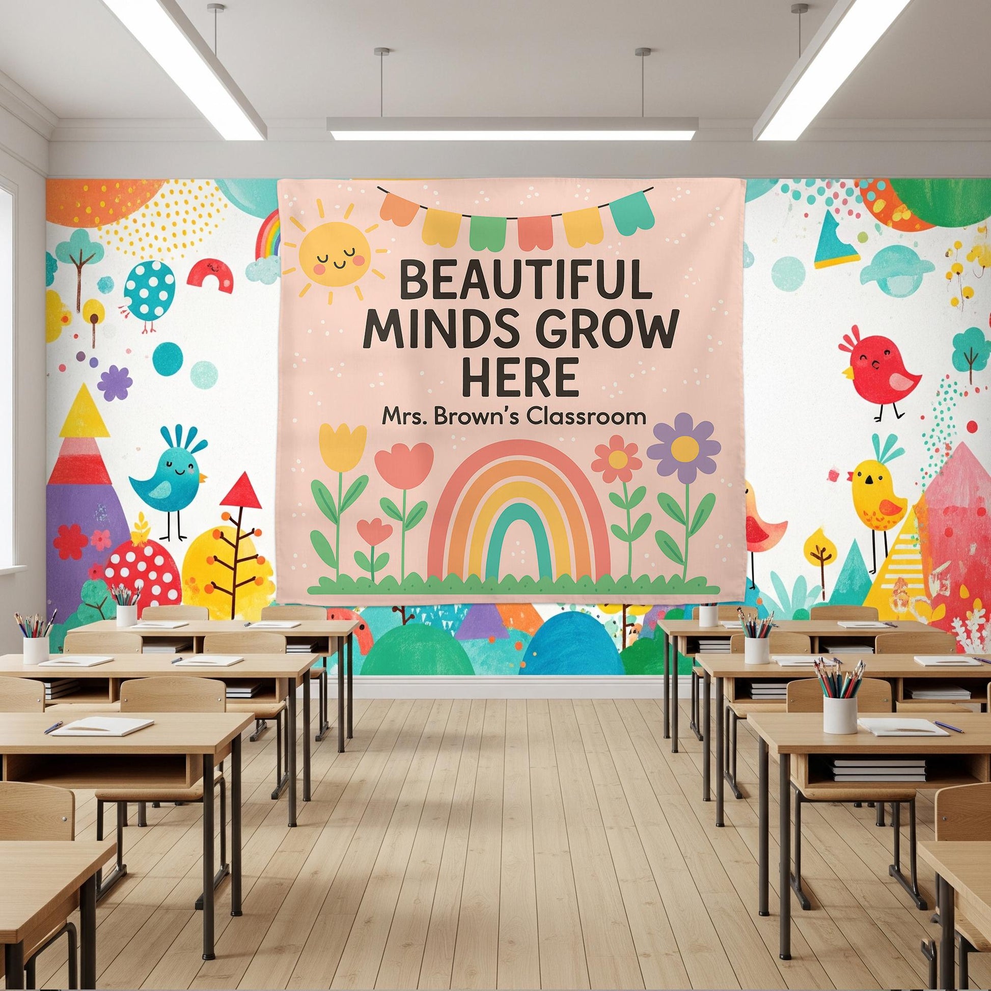 Beautiful Minds Grow Here Classroom Banner, Personalized Teacher Wall Decor, Rainbow Floral Back to School Sign for Kid Room, Back To School