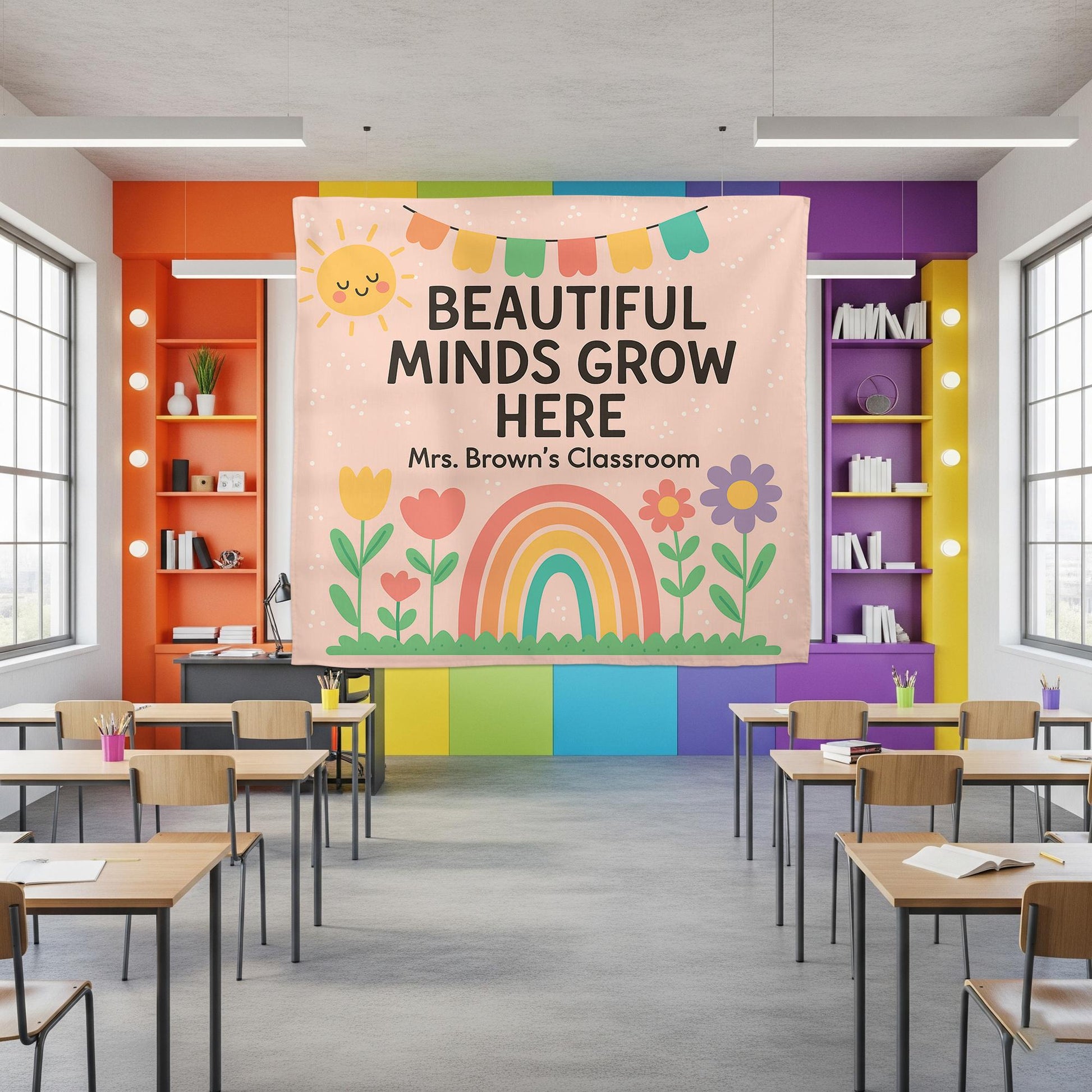 Beautiful Minds Grow Here Classroom Banner, Personalized Teacher Wall Decor, Rainbow Floral Back to School Sign for Kid Room, Back To School