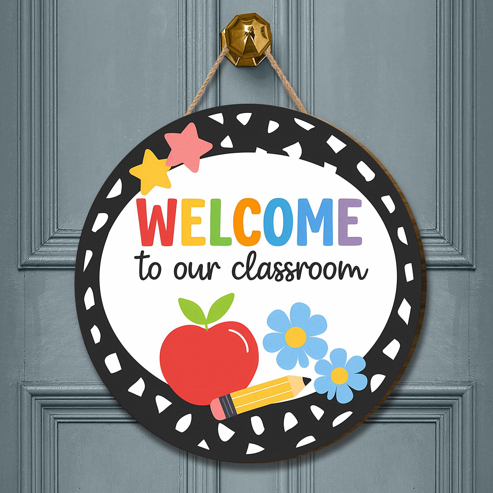 Welcome to Our Classroom Round Door Sign, Cute Teacher Back to School Decor, Apple Pencil Flower Classroom Wall Hanging, Classroom Wall Art