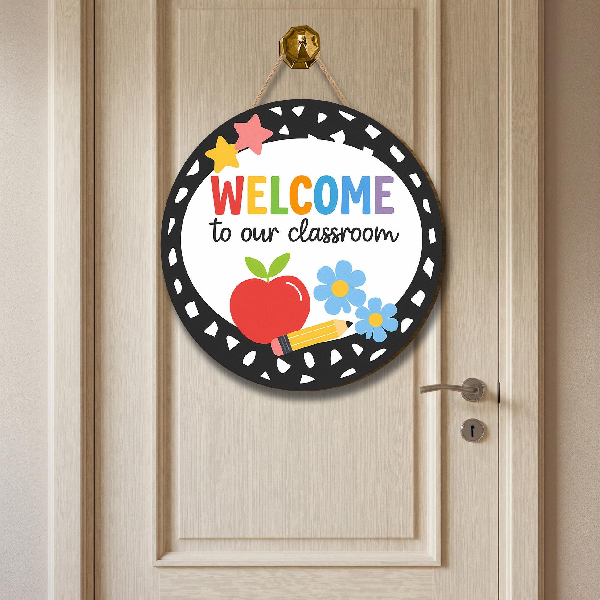 Welcome to Our Classroom Round Door Sign, Cute Teacher Back to School Decor, Apple Pencil Flower Classroom Wall Hanging, Classroom Wall Art