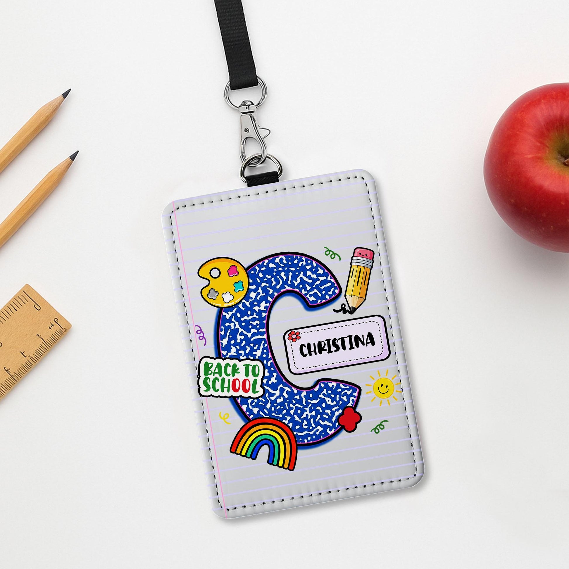 Personalized Teacher Lanyard ID Badge Holder | Back to School Name Tag with Alphabet Letter & Doodles | Cute Classroom Accessory