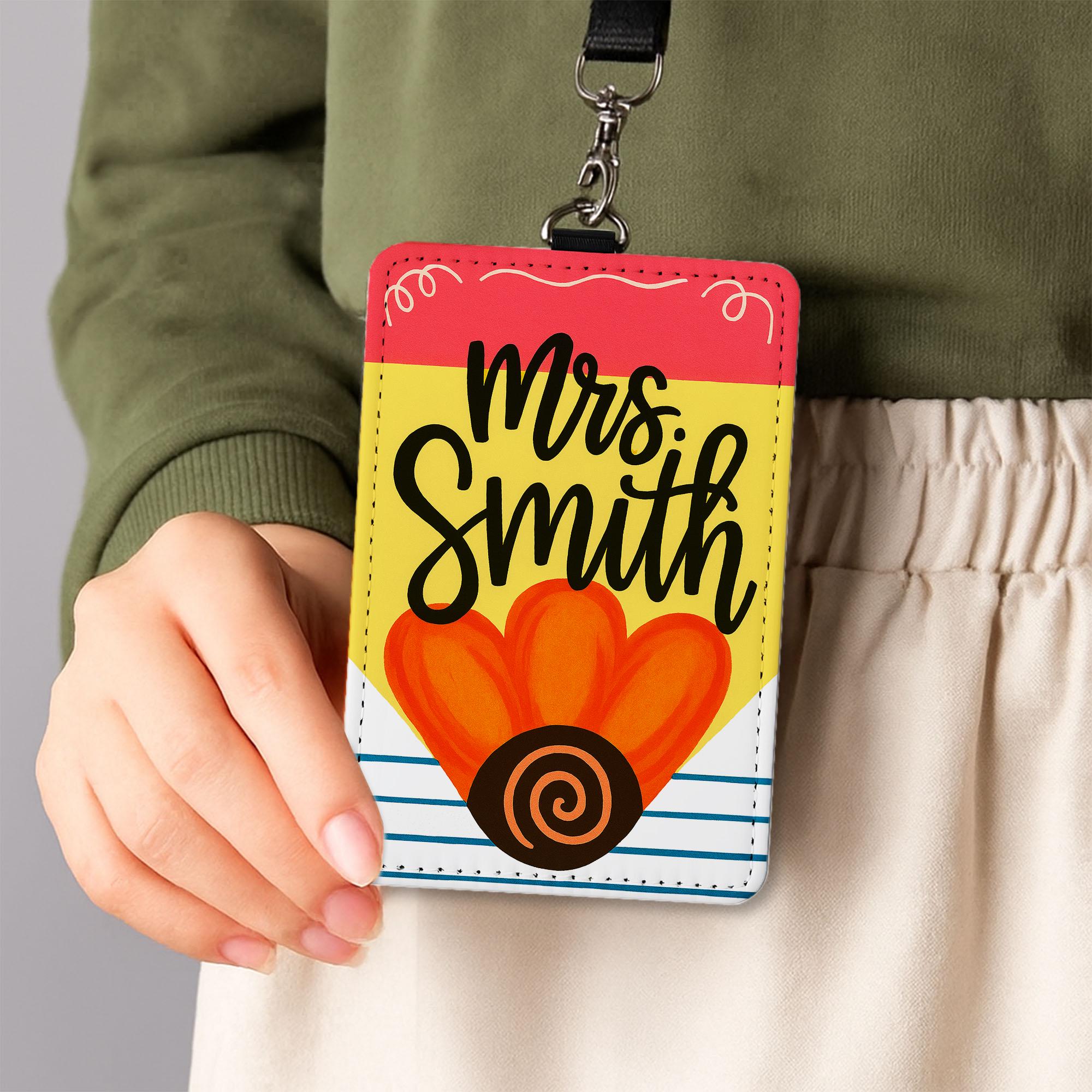 Personalized Teacher Pencil ID Badge Holder | Cute Back to School Name Tag for Teachers, Educators | Classroom Lanyard Accessory ID Badge