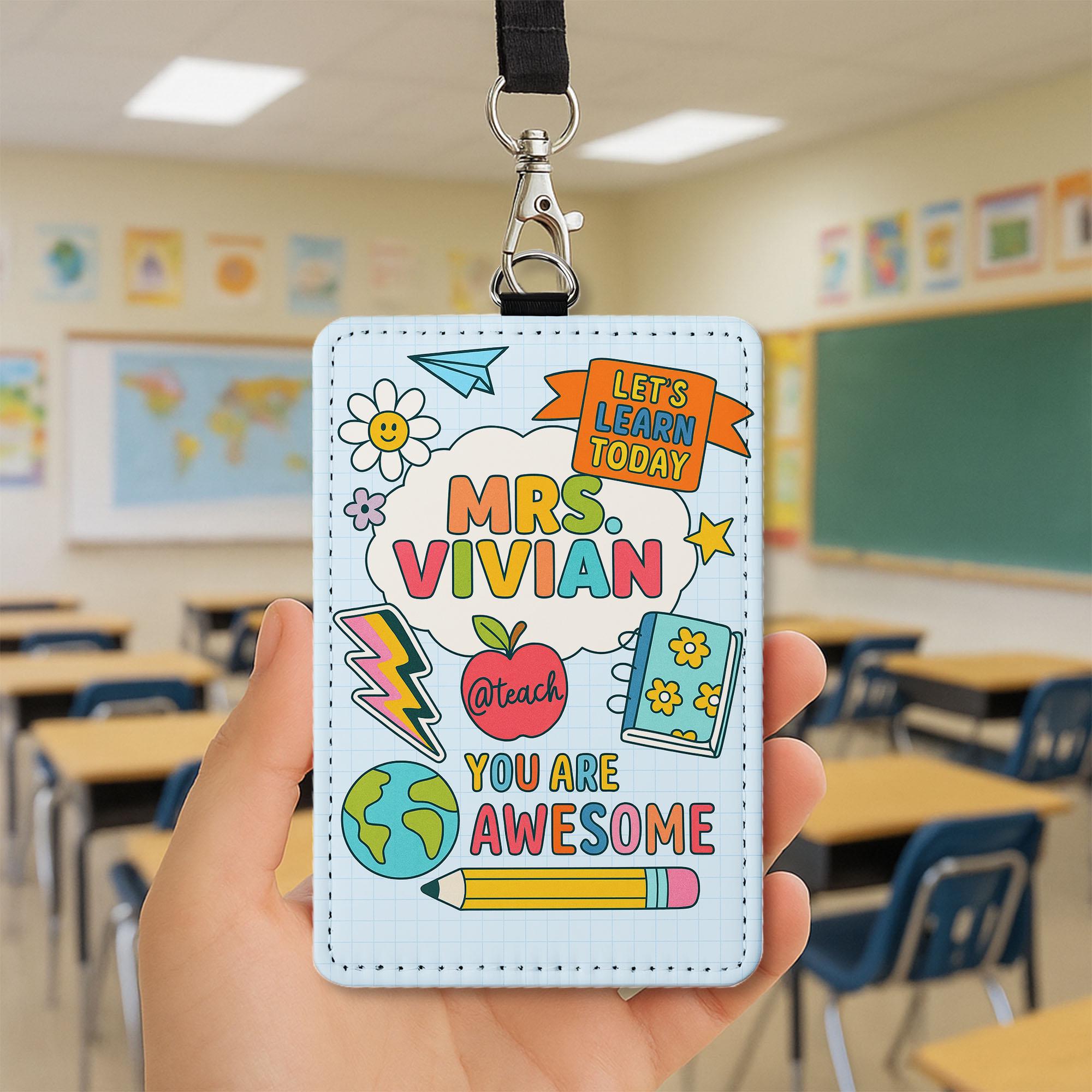 Personalized Teacher ID Badge Holder, Cute Doodle Style Name Tag for Teachers, Educators | Back to School Lanyard Accessory, Teacher Lanyard