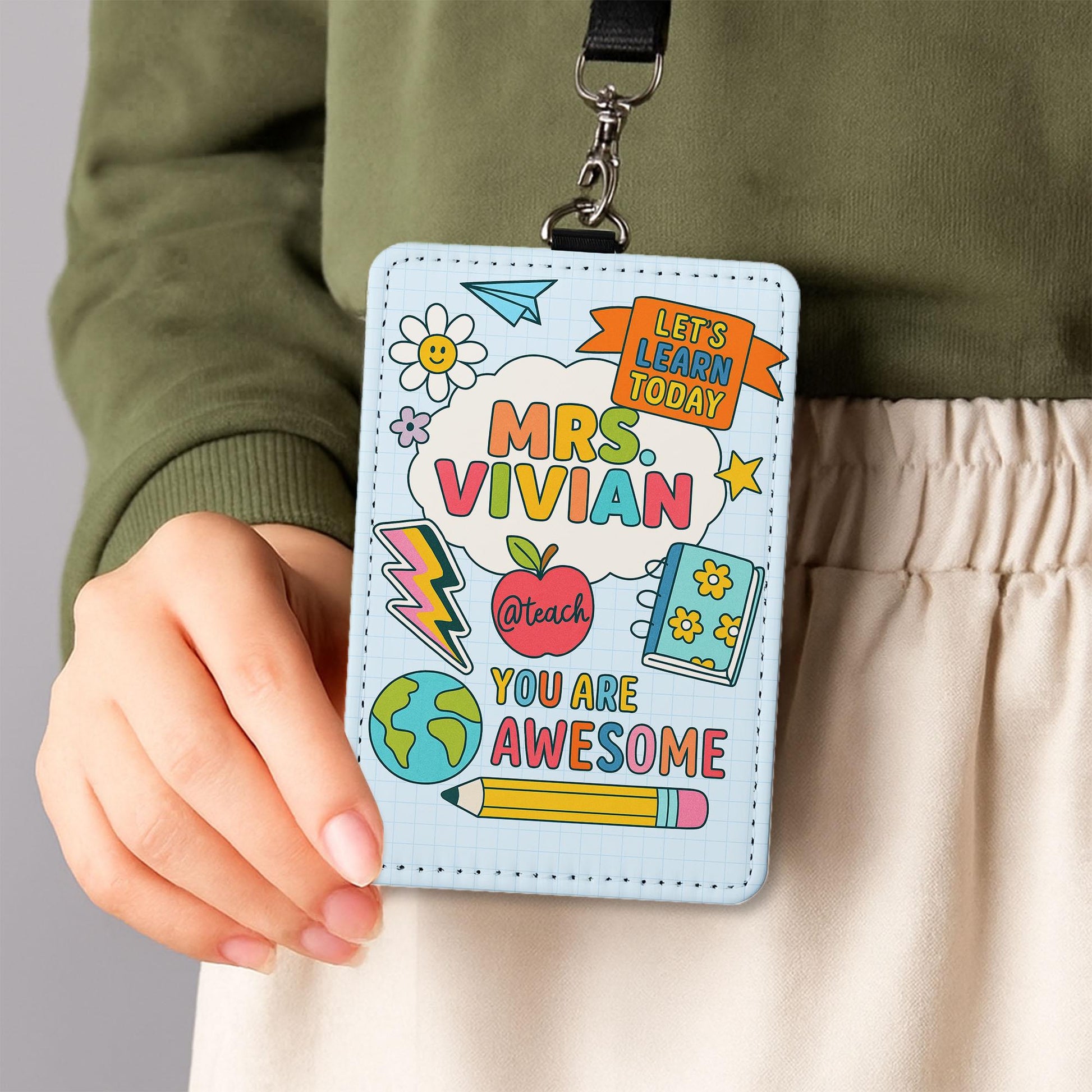 Personalized Teacher ID Badge Holder, Cute Doodle Style Name Tag for Teachers, Educators | Back to School Lanyard Accessory, Teacher Lanyard