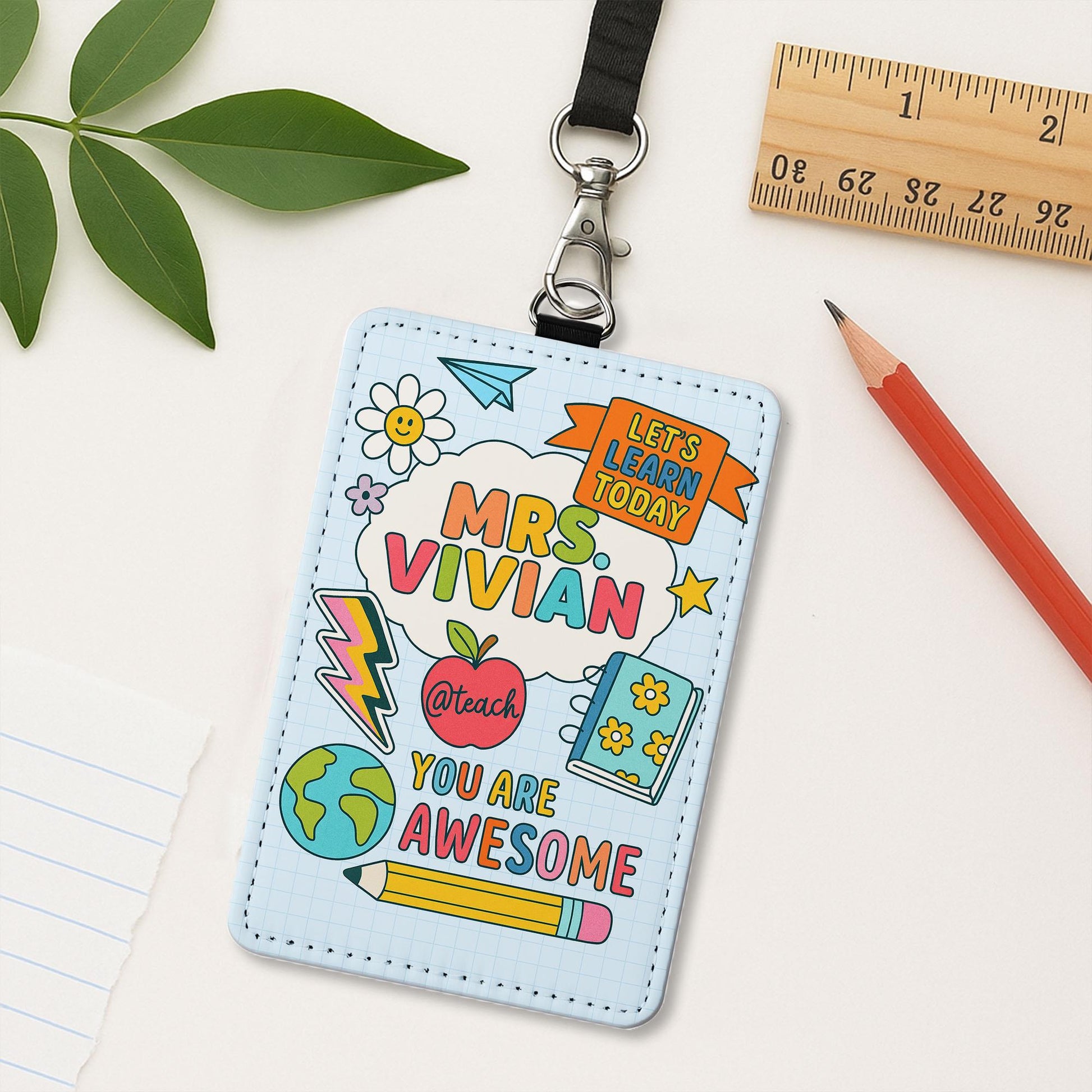 Personalized Teacher ID Badge Holder, Cute Doodle Style Name Tag for Teachers, Educators | Back to School Lanyard Accessory, Teacher Lanyard