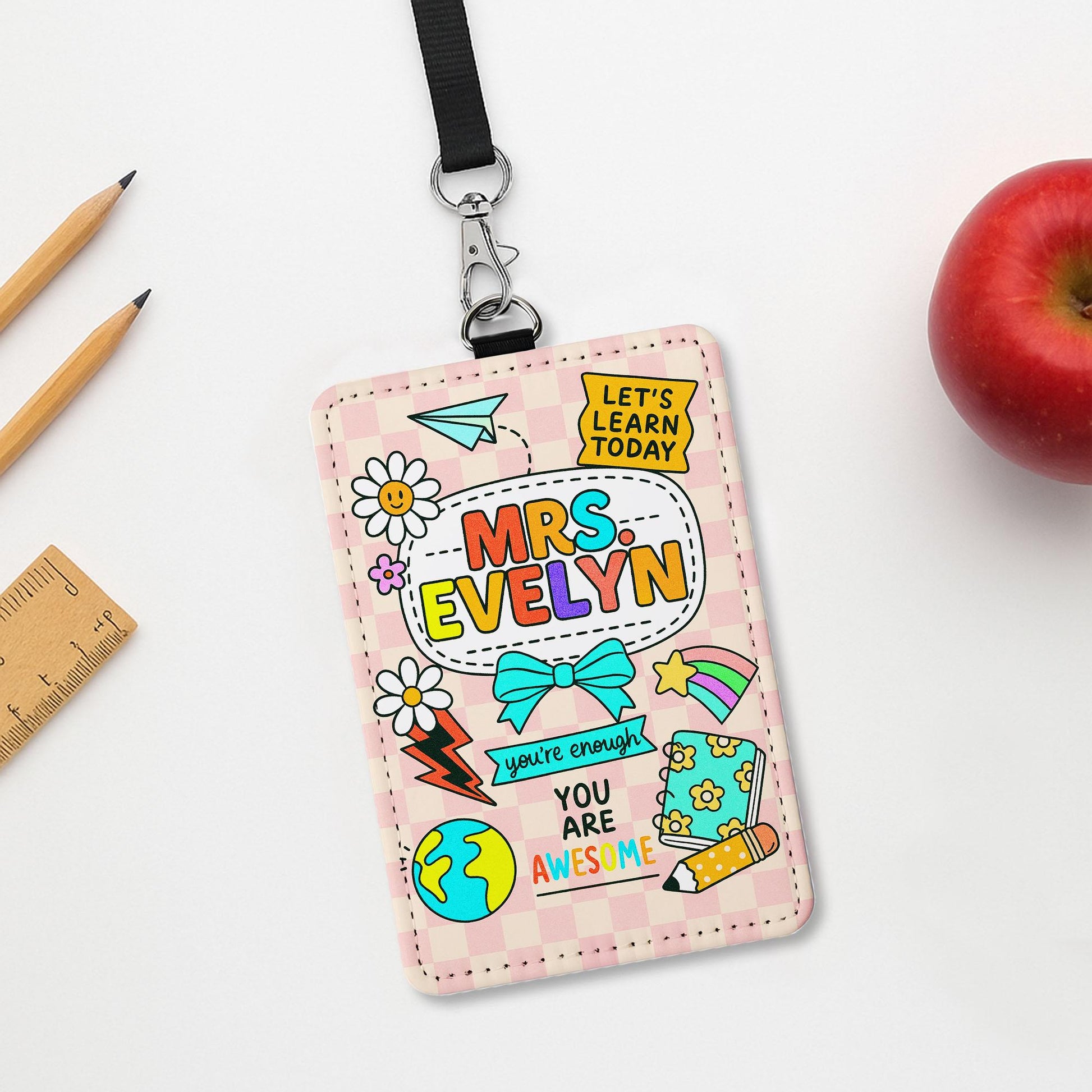 Personalized Teacher ID Badge Holder, Cute Checkerboard Name Tag for Teachers, Educators, Staff | Back to School Classroom Lanyard Accessory