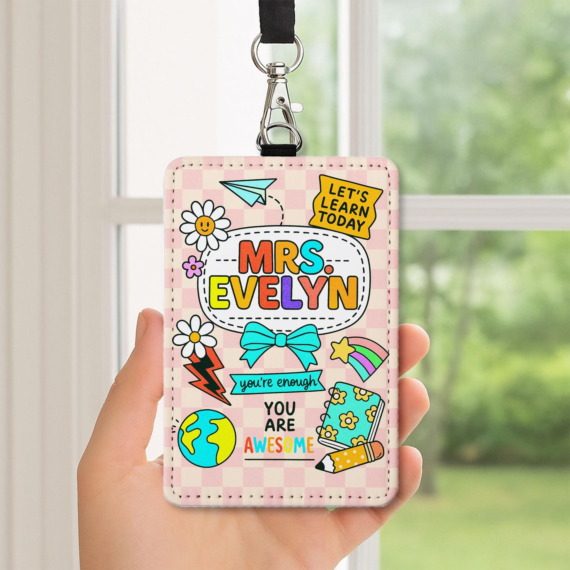 Personalized Teacher ID Badge Holder, Cute Checkerboard Name Tag for Teachers, Educators, Staff | Back to School Classroom Lanyard Accessory
