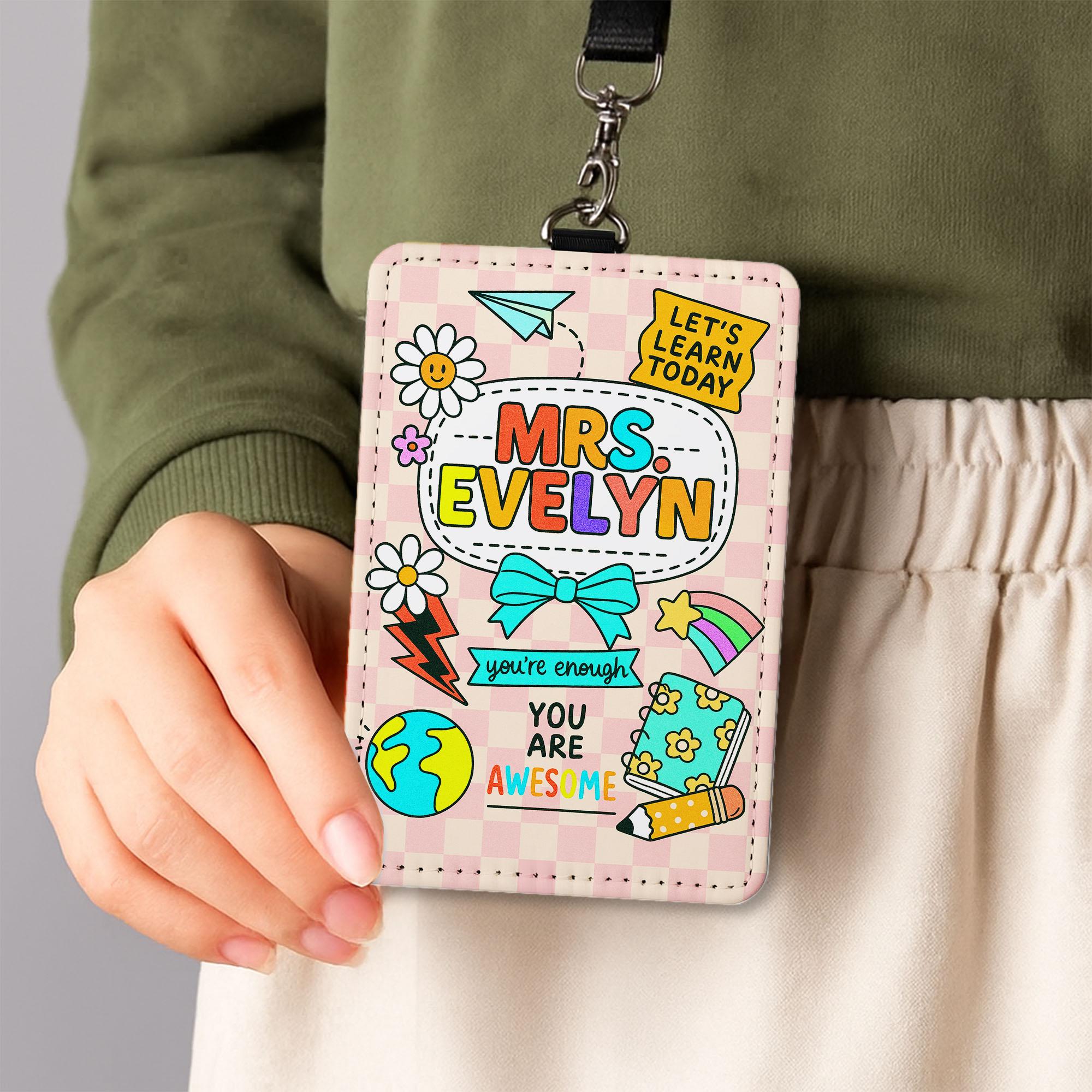 Personalized Teacher ID Badge Holder, Cute Checkerboard Name Tag for Teachers, Educators, Staff | Back to School Classroom Lanyard Accessory