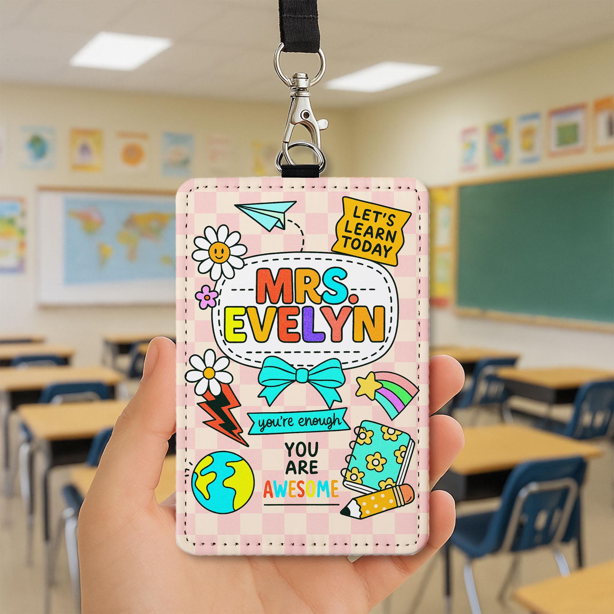 Personalized Teacher ID Badge Holder, Cute Checkerboard Name Tag for Teachers, Educators, Staff | Back to School Classroom Lanyard Accessory