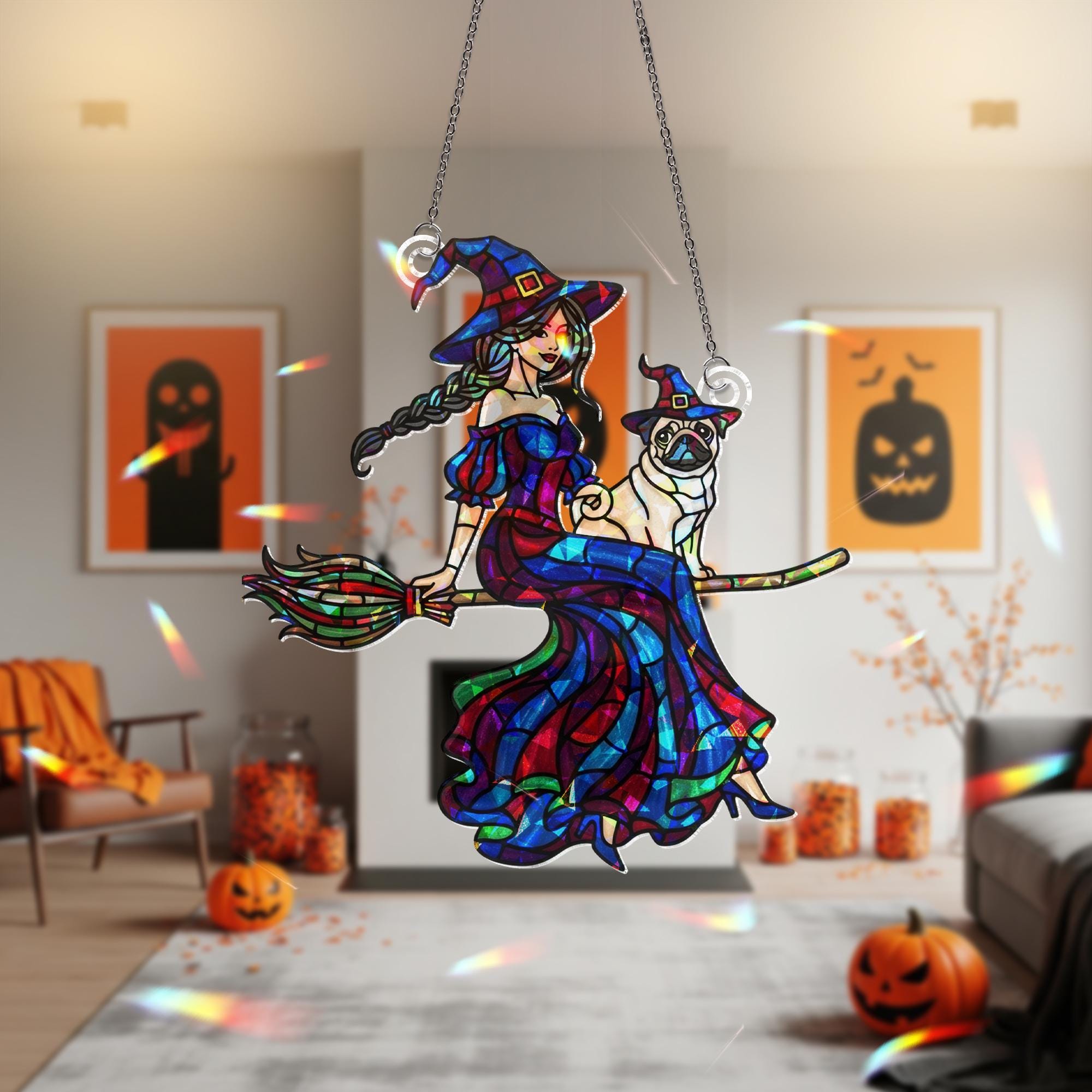 Witch and Pug ACRYLIC Hologram, Halloween Window Decor, Holographic Window Hanging, Witchy Fall Decor, Spooky Window Ornament