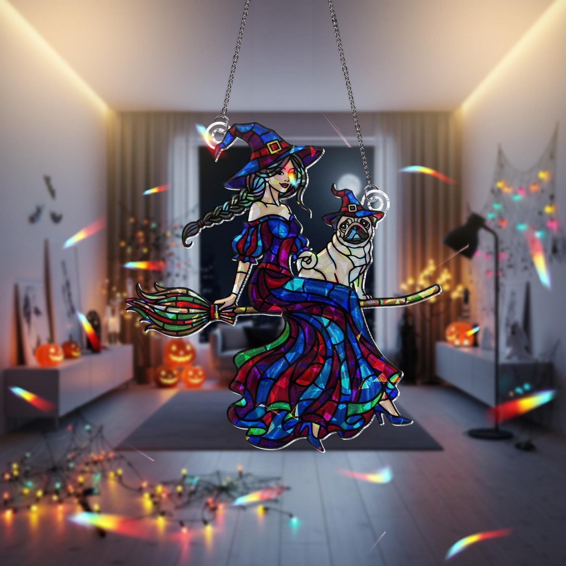 Witch and Pug ACRYLIC Hologram, Halloween Window Decor, Holographic Window Hanging, Witchy Fall Decor, Spooky Window Ornament