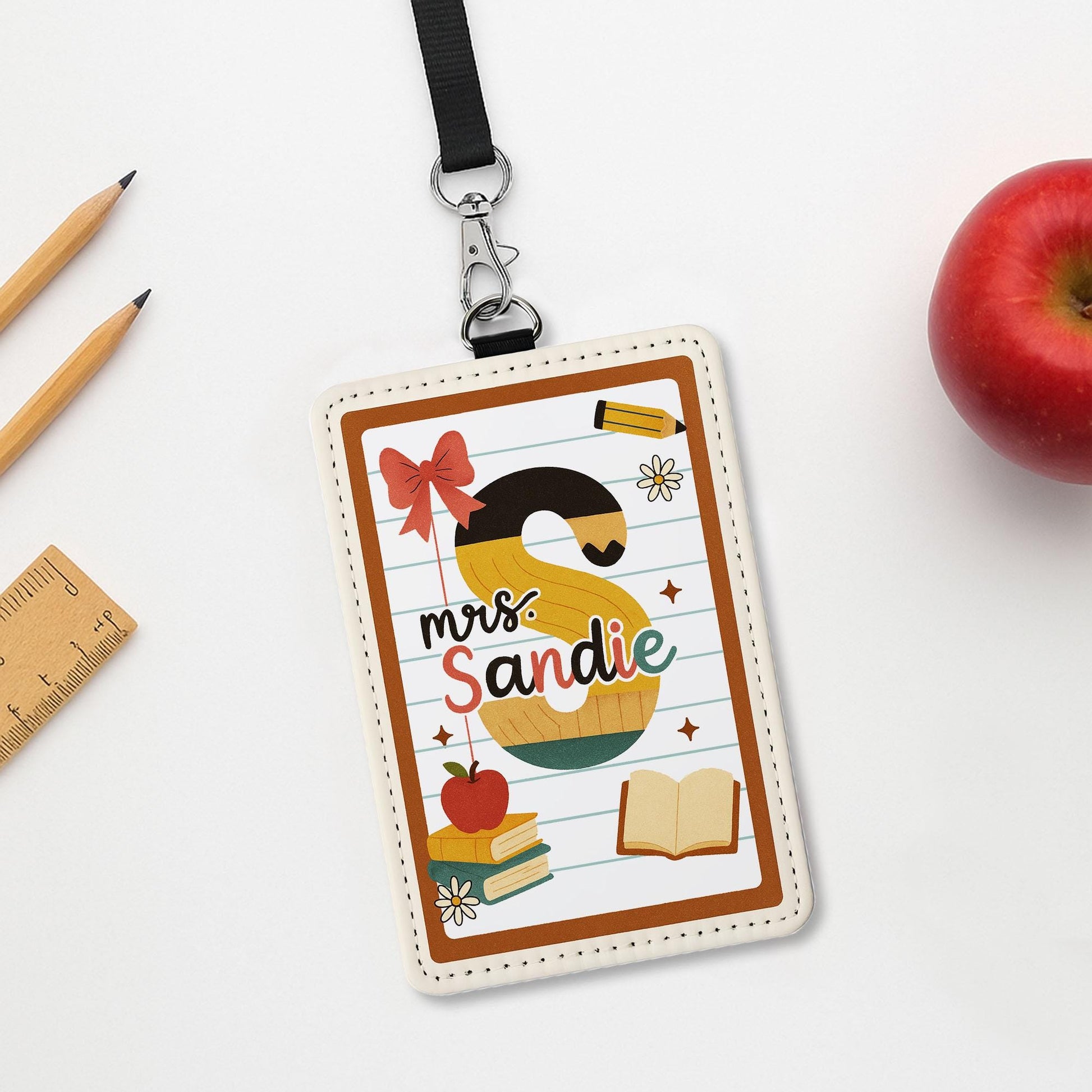 Personalized Teacher ID Badge Holder | Retro Alphabet Name Tag for Teachers, Educators | Cute Back to School Lanyard Classroom Accessory