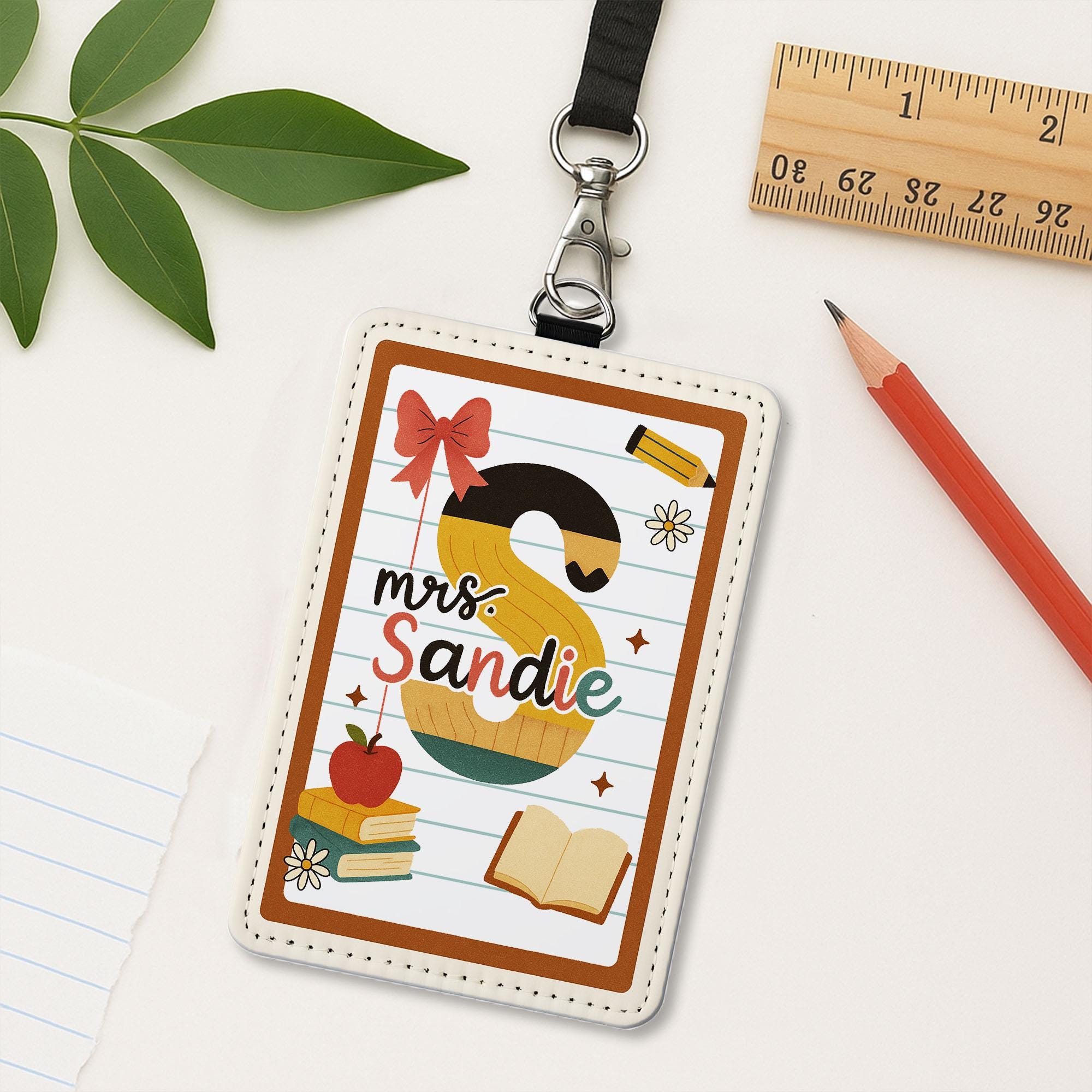 Personalized Teacher ID Badge Holder | Retro Alphabet Name Tag for Teachers, Educators | Cute Back to School Lanyard Classroom Accessory