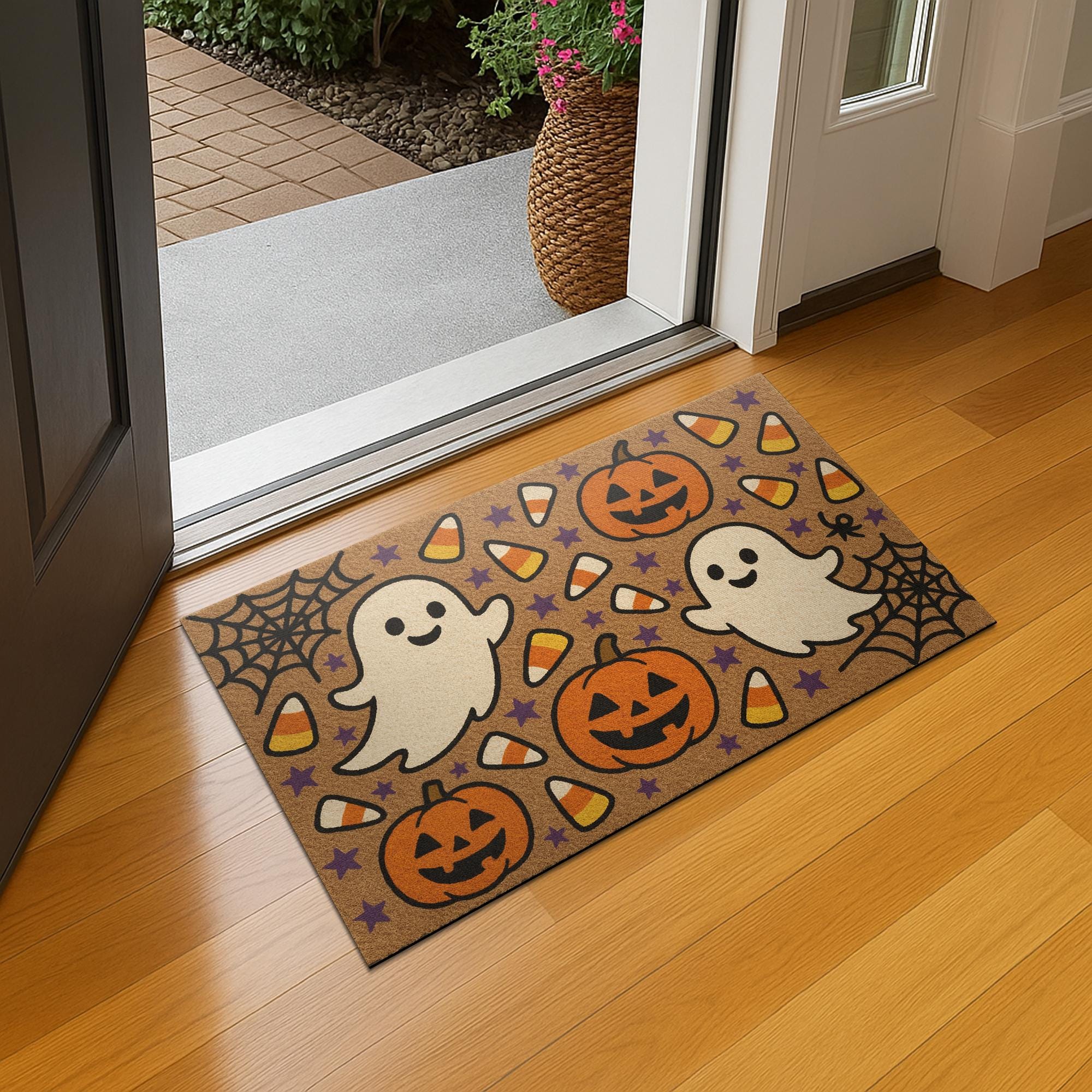 Cute Halloween Ghost Doormat, Pumpkin Candy Corn Fall Mat, Spooky Welcome Mat, Funny Halloween Porch Decor, Outdoor Fall Rug