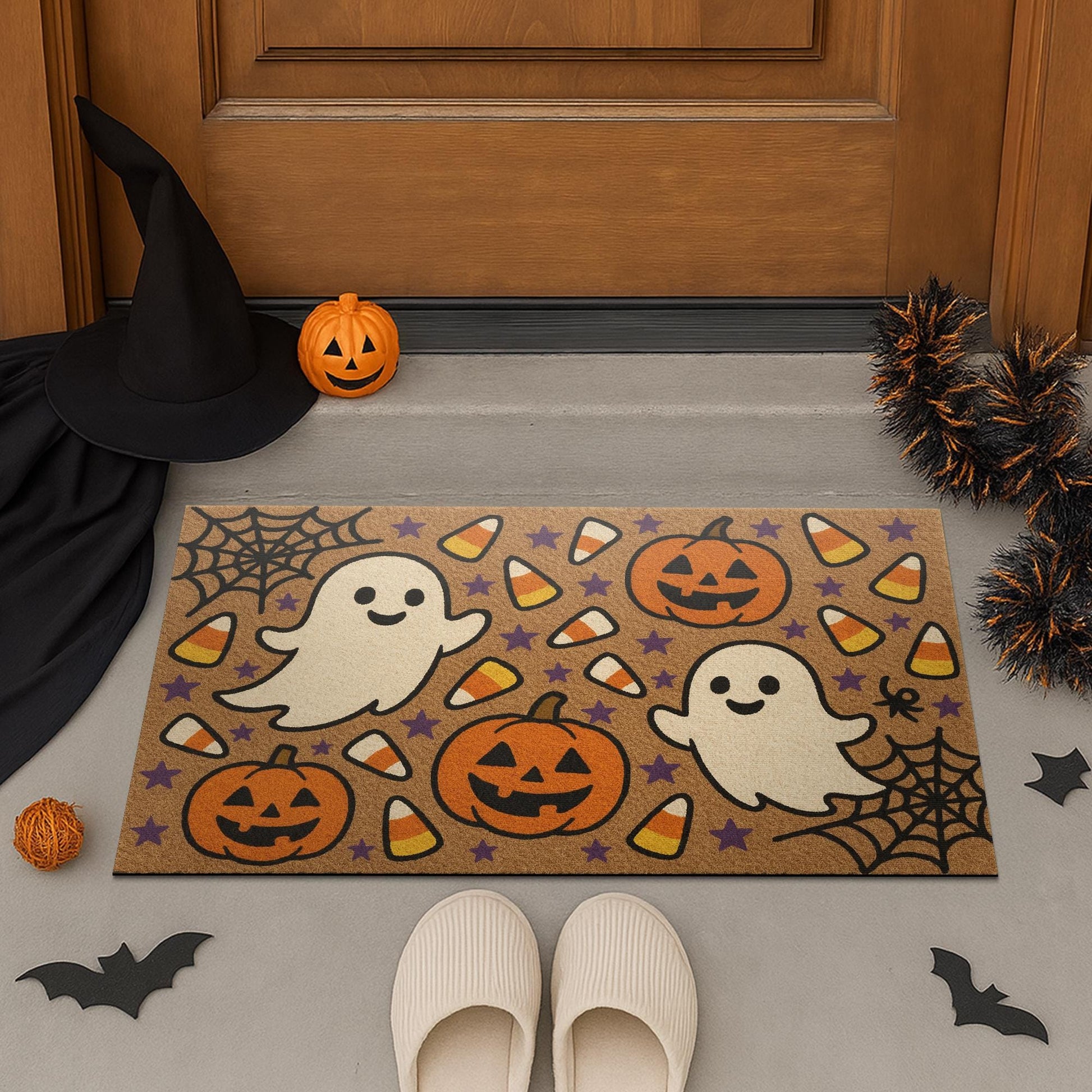 Cute Halloween Ghost Doormat, Pumpkin Candy Corn Fall Mat, Spooky Welcome Mat, Funny Halloween Porch Decor, Outdoor Fall Rug