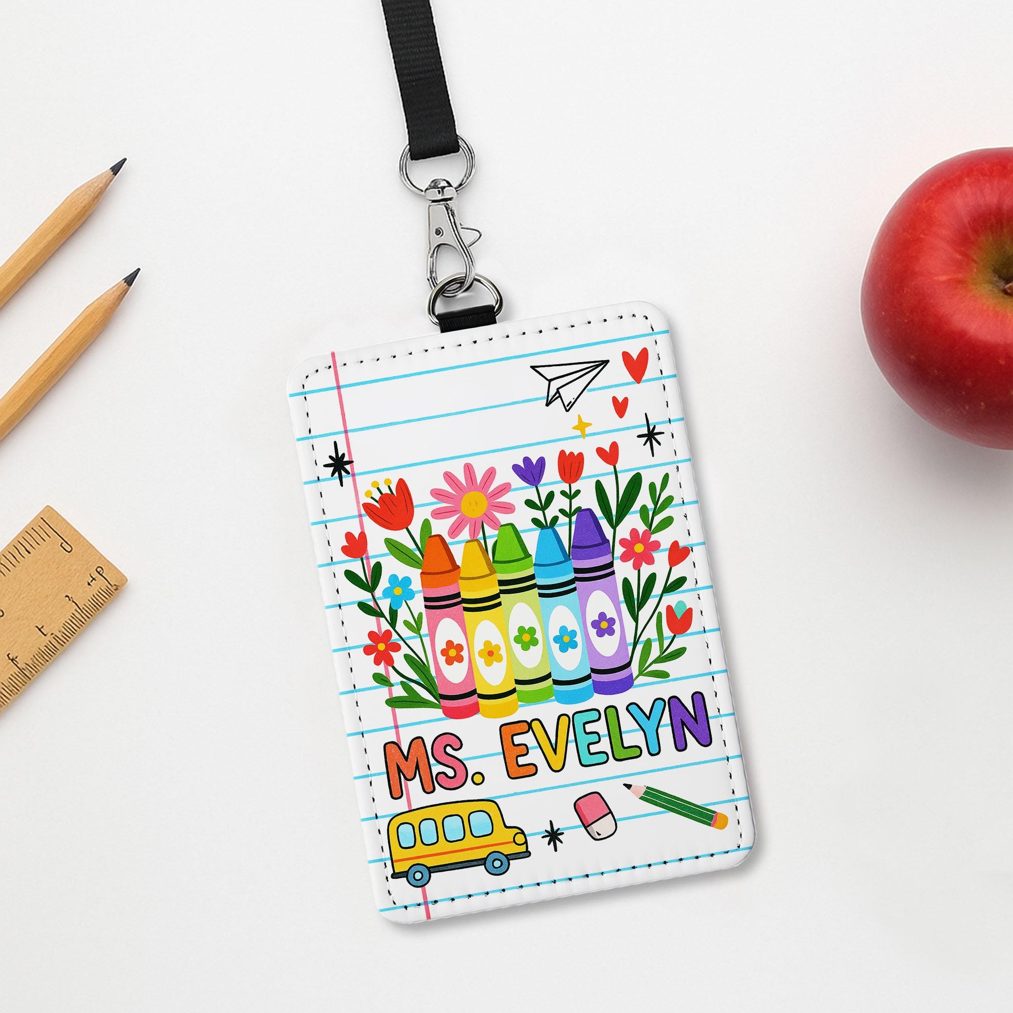 Personalized Teacher ID Badge Holder | Rainbow Crayon Name Tag for Teachers, Educators | Cute Back to School Lanyard Classroom Accessory