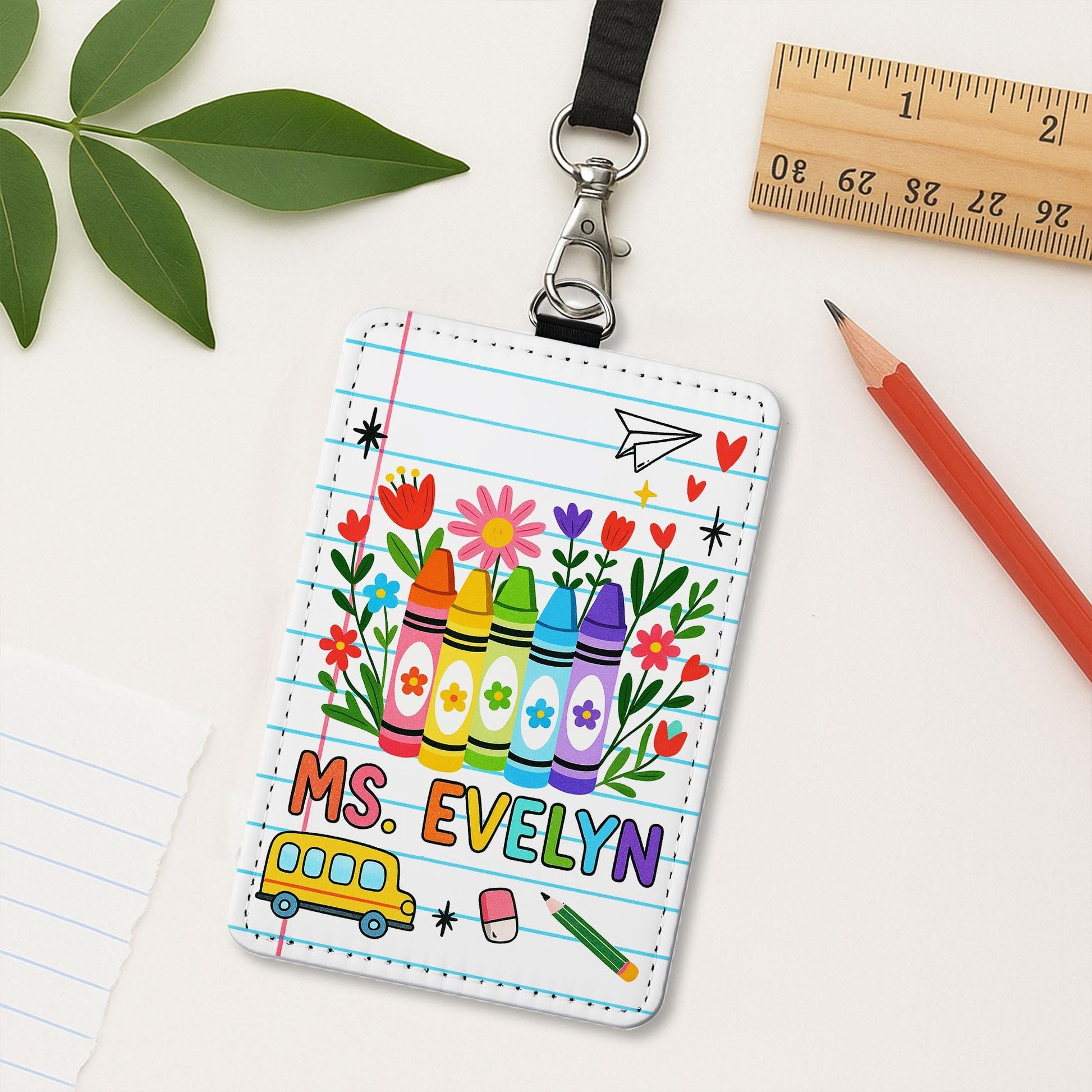 Personalized Teacher ID Badge Holder | Rainbow Crayon Name Tag for Teachers, Educators | Cute Back to School Lanyard Classroom Accessory