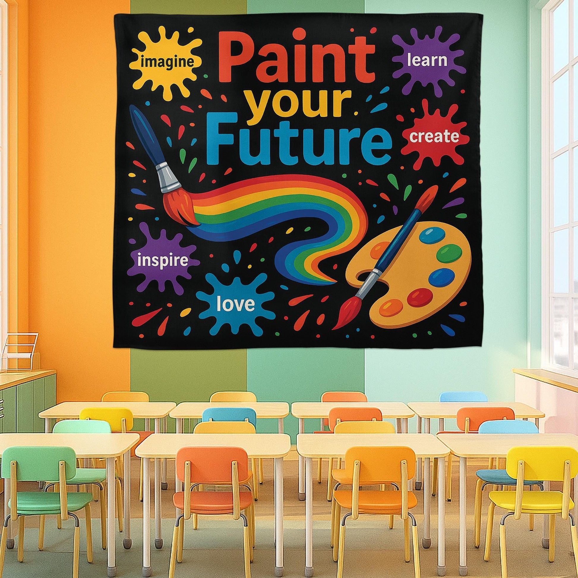 Paint Your Future Classroom Tapestry, Colorful Teacher Wall Decor, Motivational Art Banner for Kids, Art Room or School Decoration