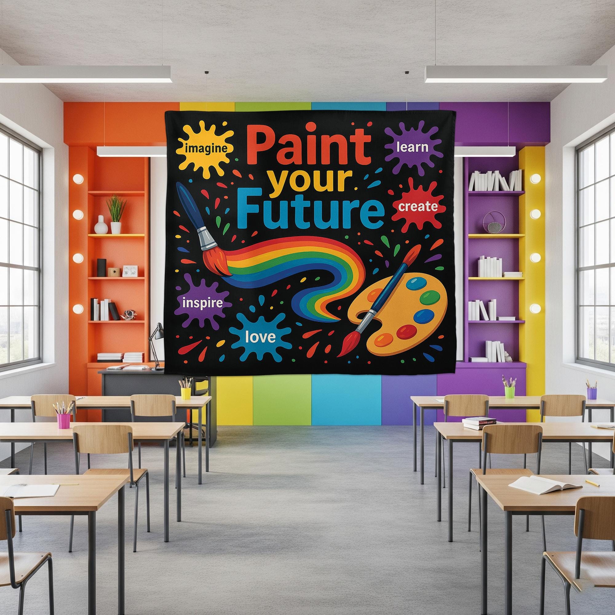 Paint Your Future Classroom Tapestry, Colorful Teacher Wall Decor, Motivational Art Banner for Kids, Art Room or School Decoration