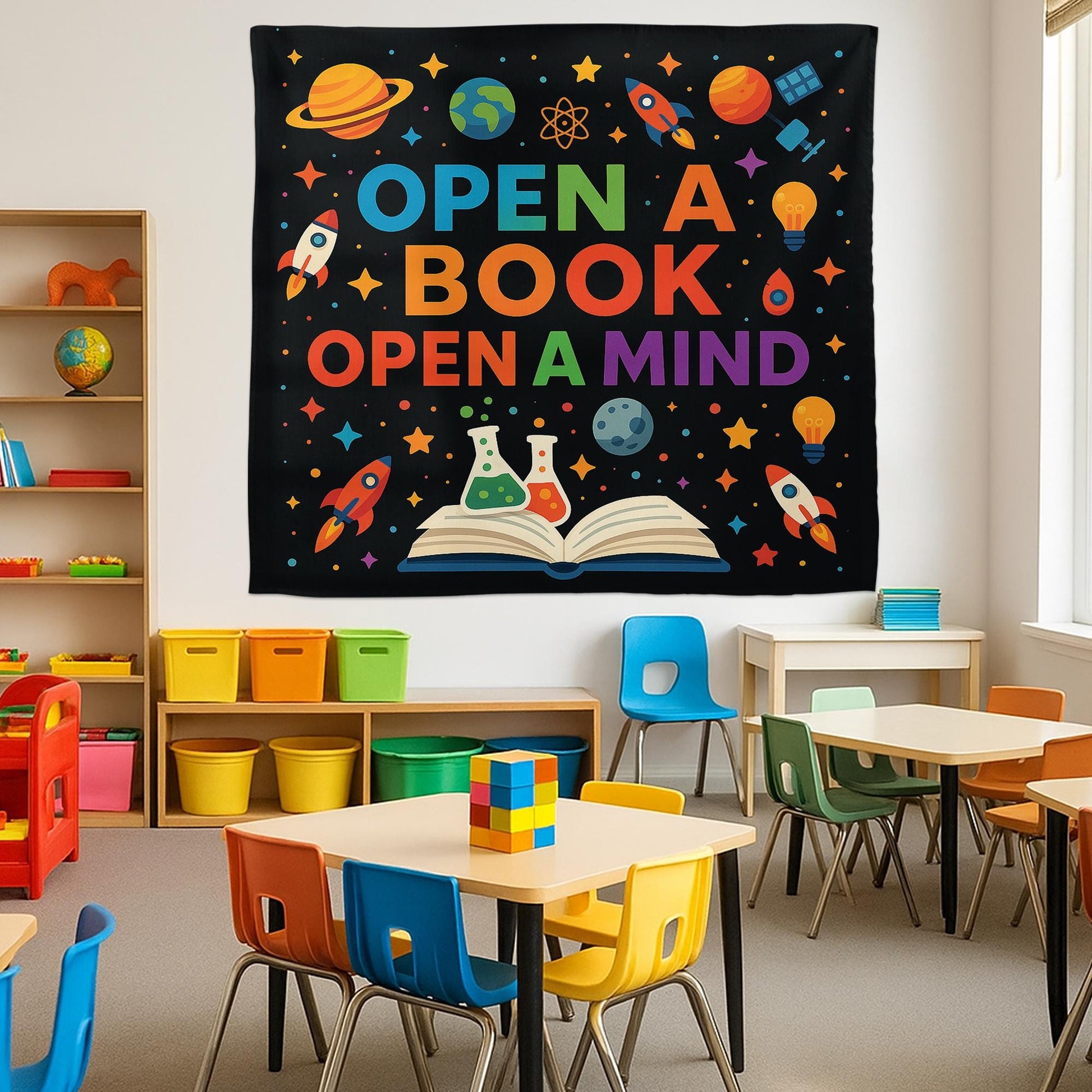 Open a Book Open a Mind Tapestry, Classroom Wall Decor, Reading Banner for Teachers, Educational Poster, Kids Learning Decoration