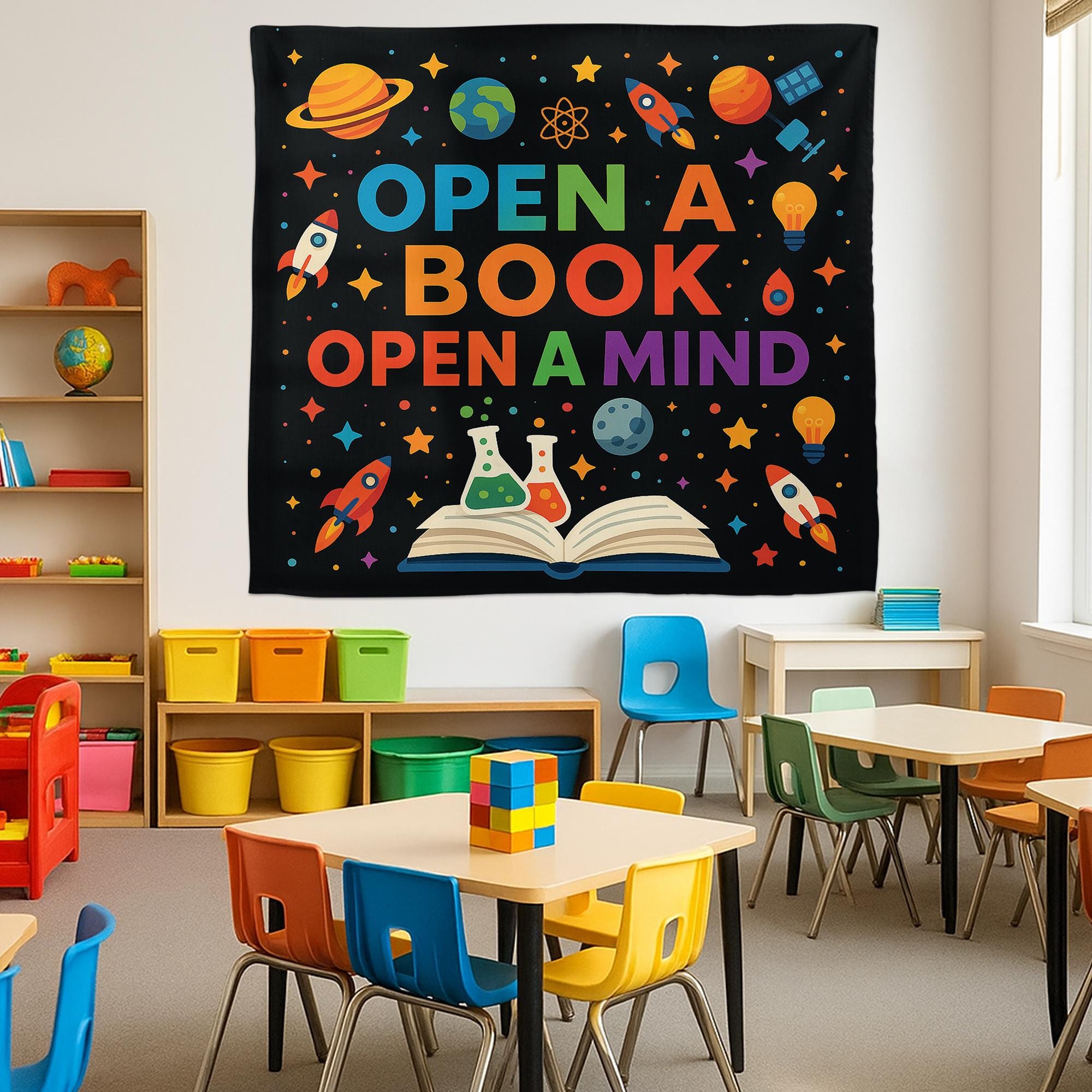 Open a Book Open a Mind Tapestry, Classroom Wall Decor, Reading Banner for Teachers, Educational Poster, Kids Learning Decoration