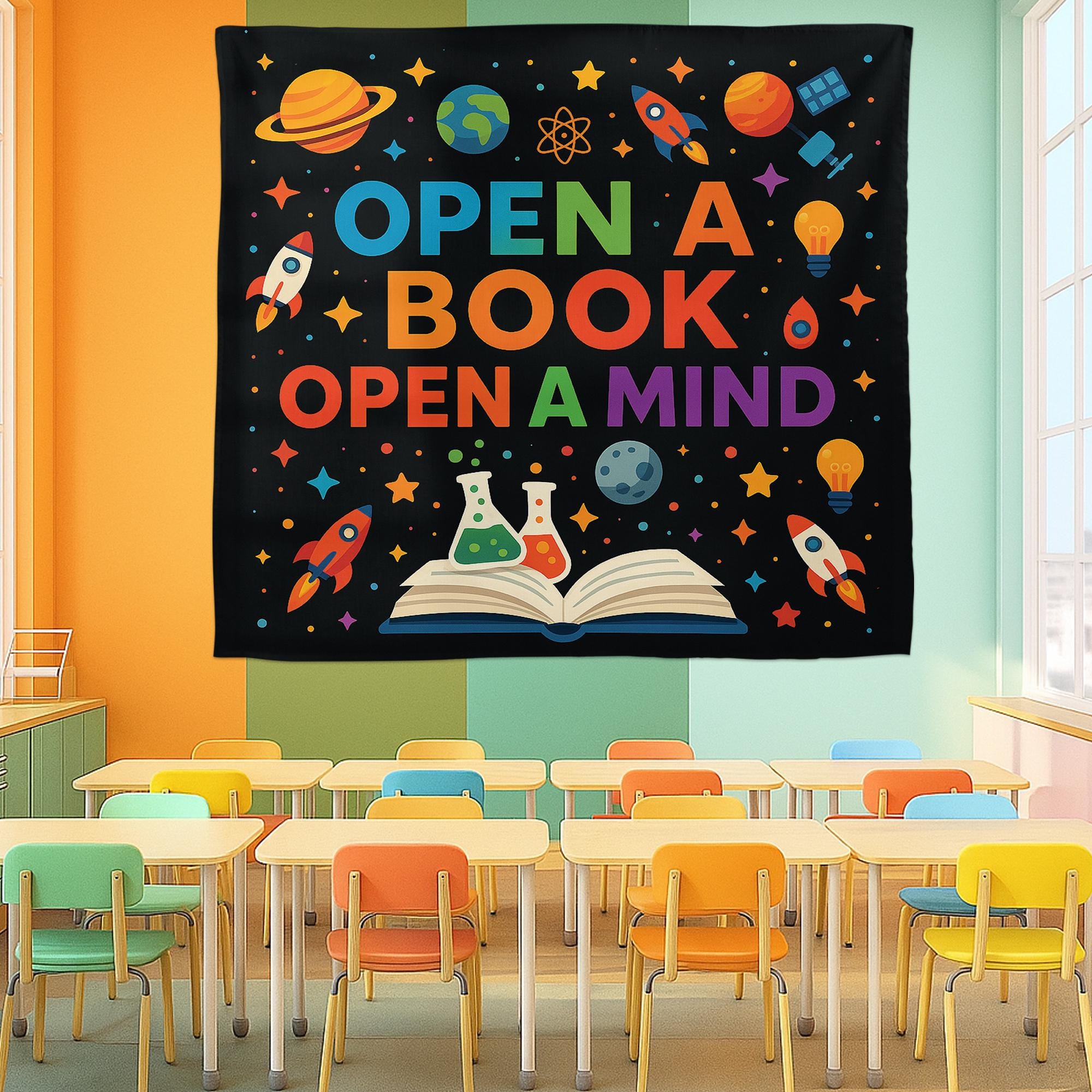 Open a Book Open a Mind Tapestry, Classroom Wall Decor, Reading Banner for Teachers, Educational Poster, Kids Learning Decoration