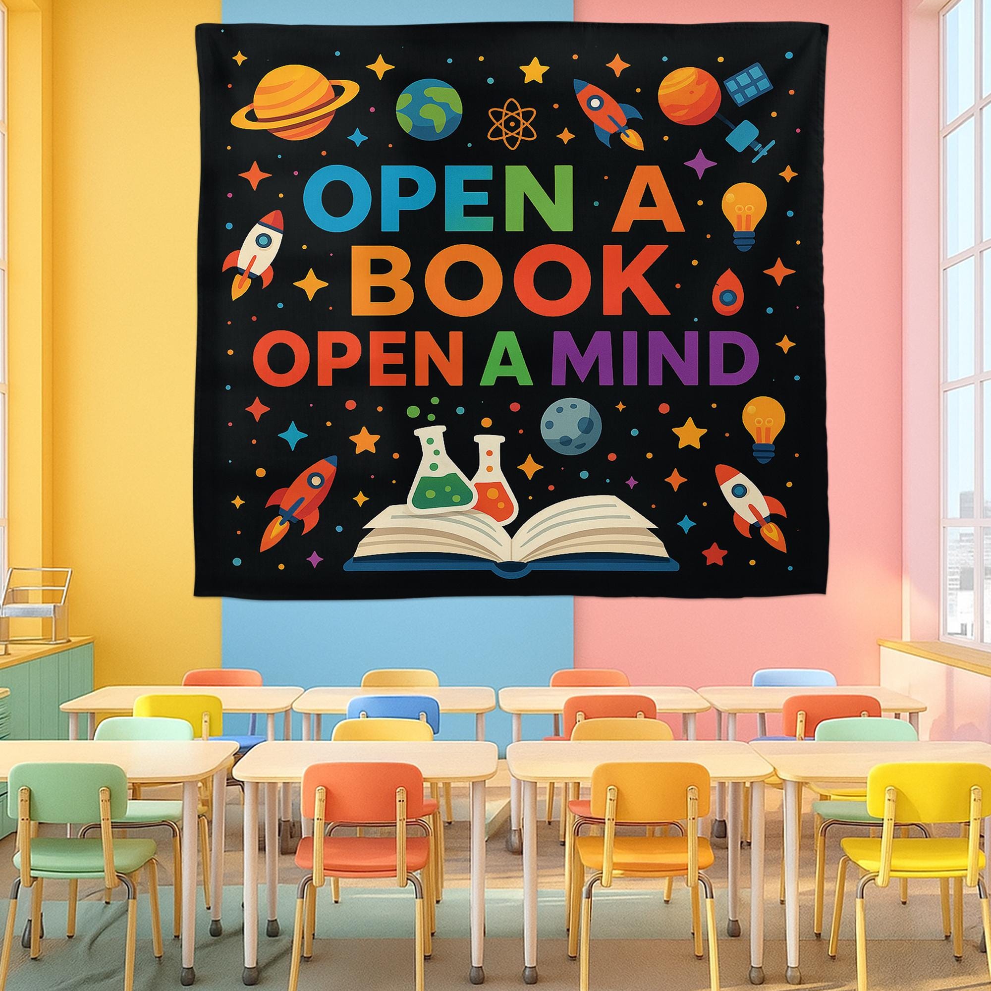 Open a Book Open a Mind Tapestry, Classroom Wall Decor, Reading Banner for Teachers, Educational Poster, Kids Learning Decoration