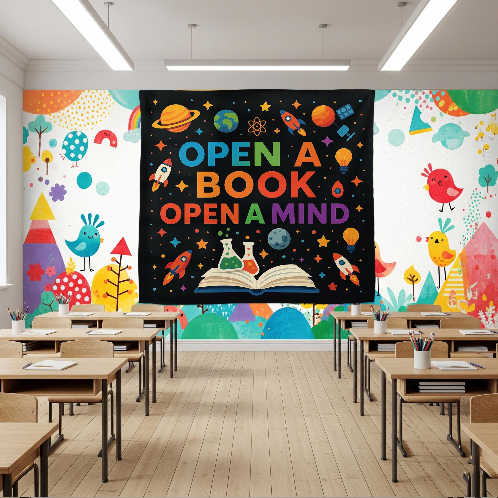 Open a Book Open a Mind Tapestry, Classroom Wall Decor, Reading Banner for Teachers, Educational Poster, Kids Learning Decoration