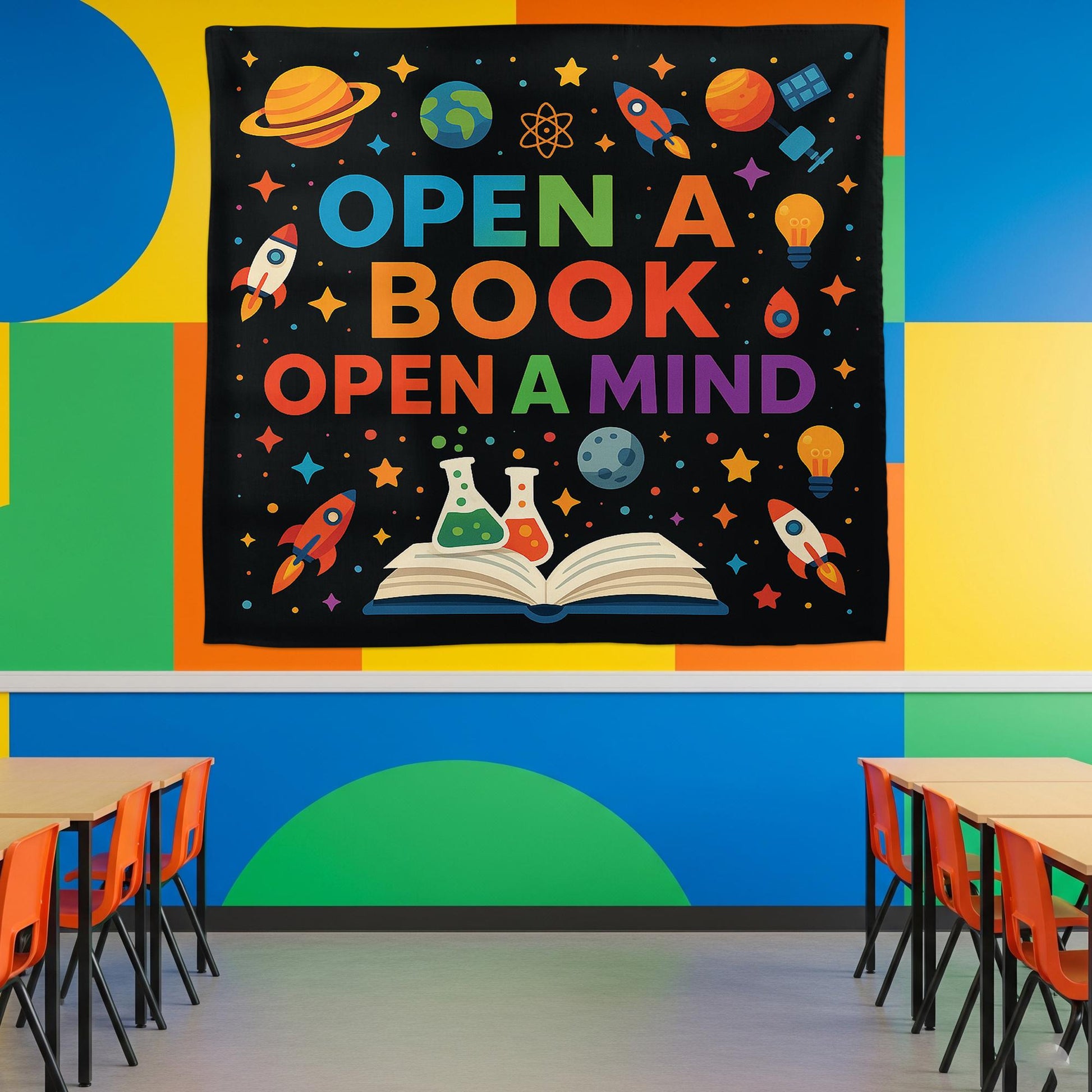 Open a Book Open a Mind Tapestry, Classroom Wall Decor, Reading Banner for Teachers, Educational Poster, Kids Learning Decoration