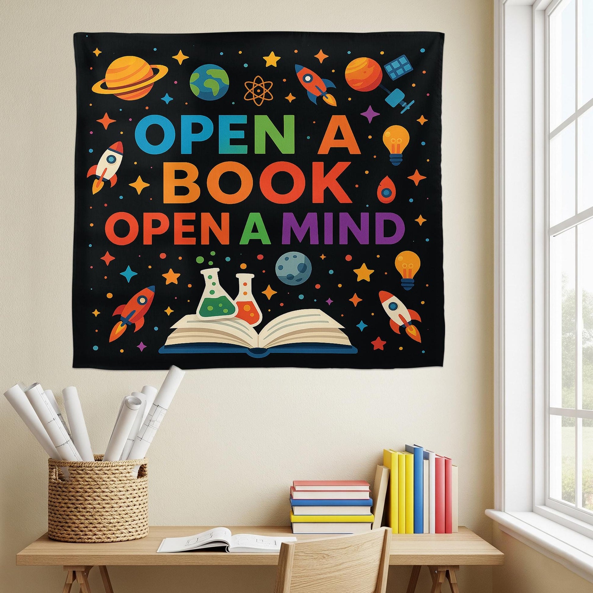 Open a Book Open a Mind Tapestry, Classroom Wall Decor, Reading Banner for Teachers, Educational Poster, Kids Learning Decoration