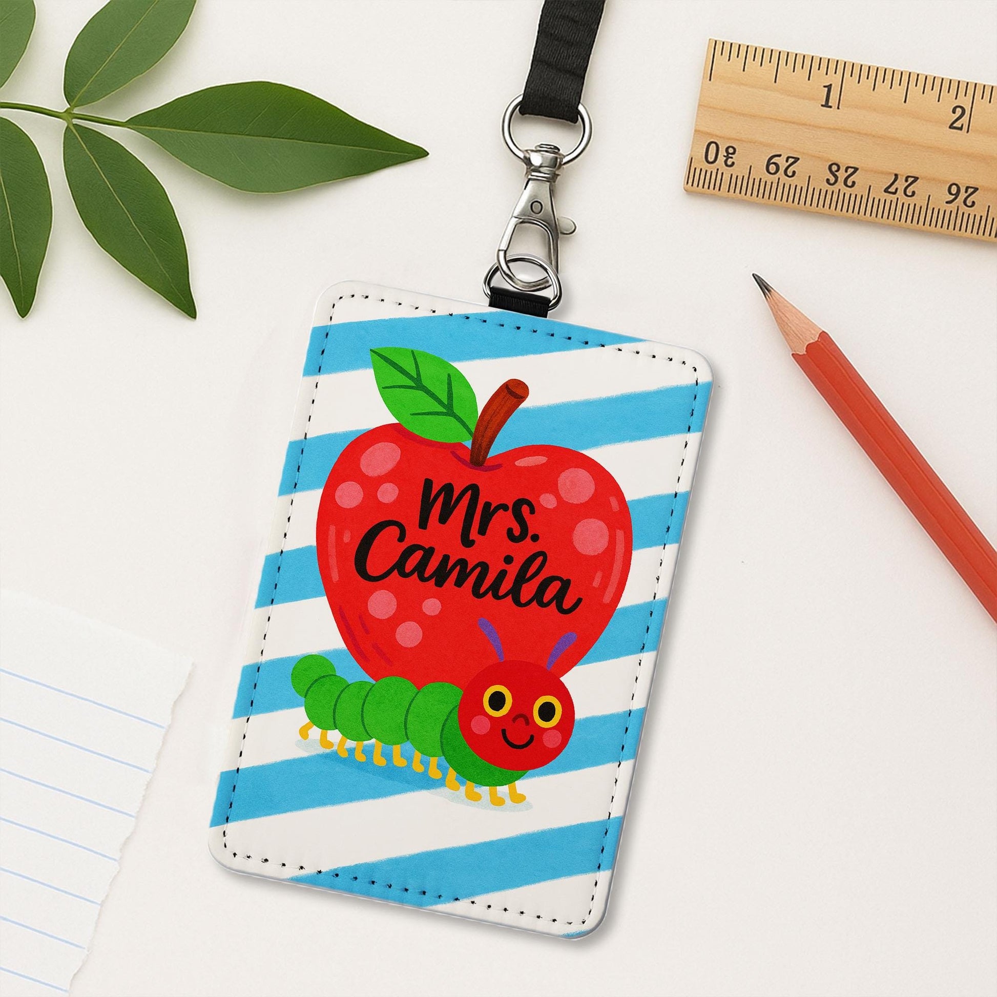 Personalized Teacher ID Badge Holder | Cute Apple and Caterpillar Name Tag for Teachers, Educators | Back to School Lanyard Accessory