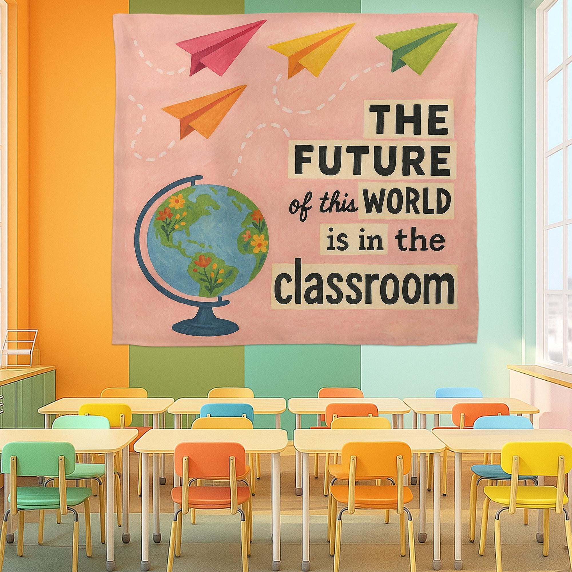 The Future Is in the Classroom Tapestry, Teacher Wall Art, Educational Globe Decor, Motivational Banner, Back to School Classroom Sign