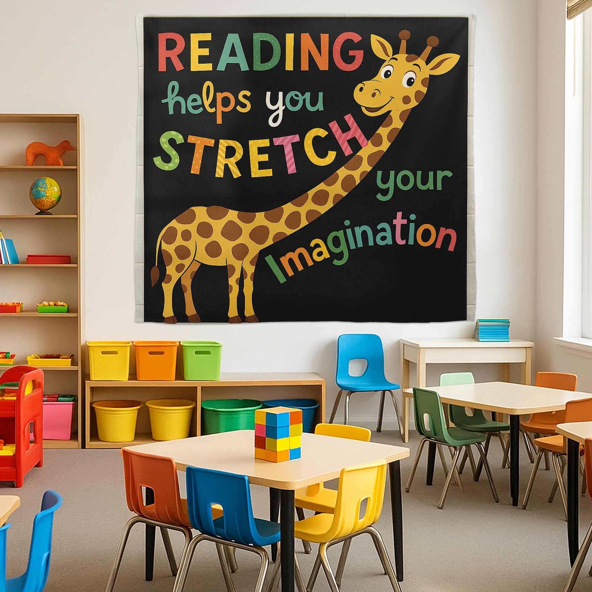 Reading Giraffe Classroom Tapestry, Stretch Your Imagination Wall Decor, Kids Reading Poster, Teacher Library Banner, Book Lover Sign