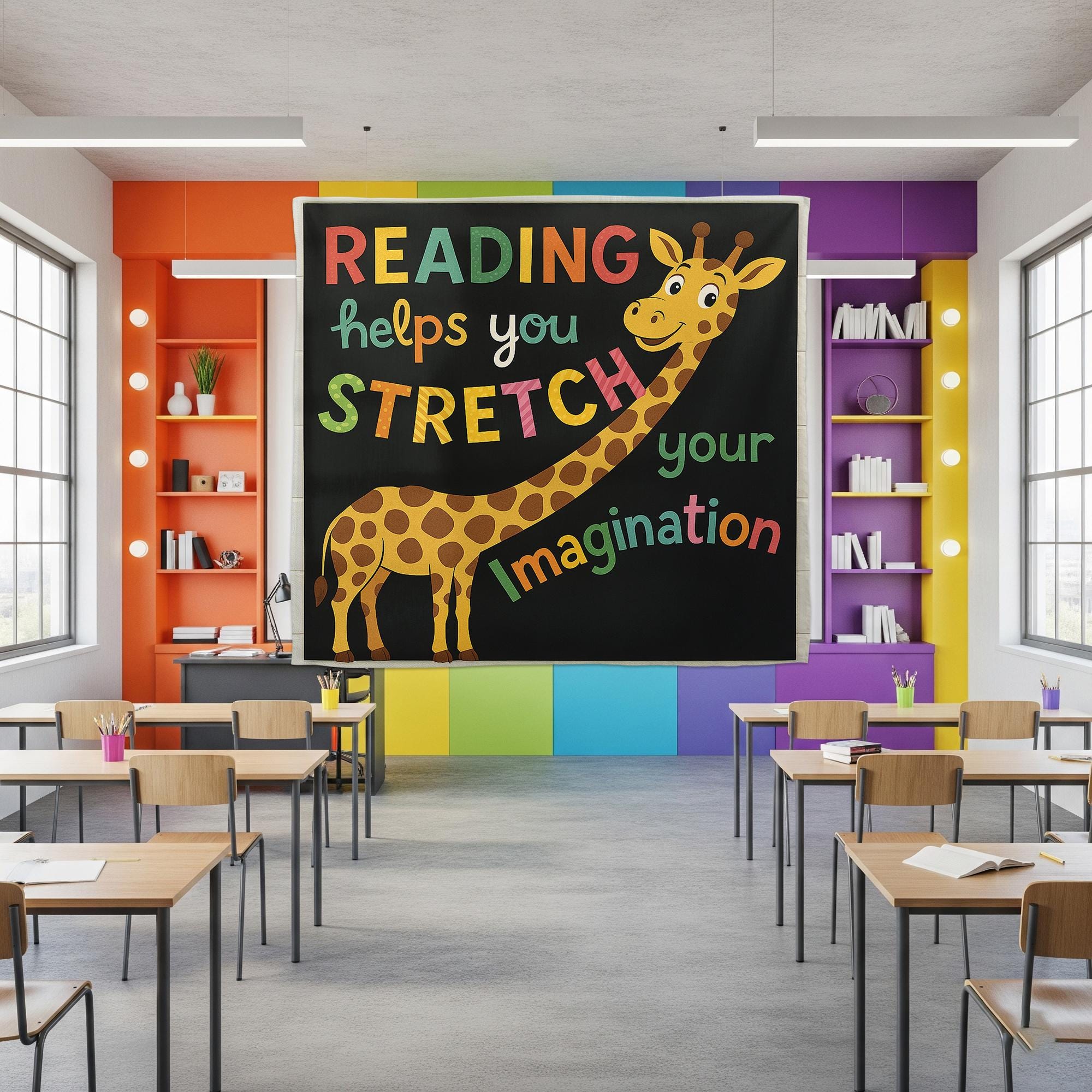 Reading Giraffe Classroom Tapestry, Stretch Your Imagination Wall Decor, Kids Reading Poster, Teacher Library Banner, Book Lover Sign