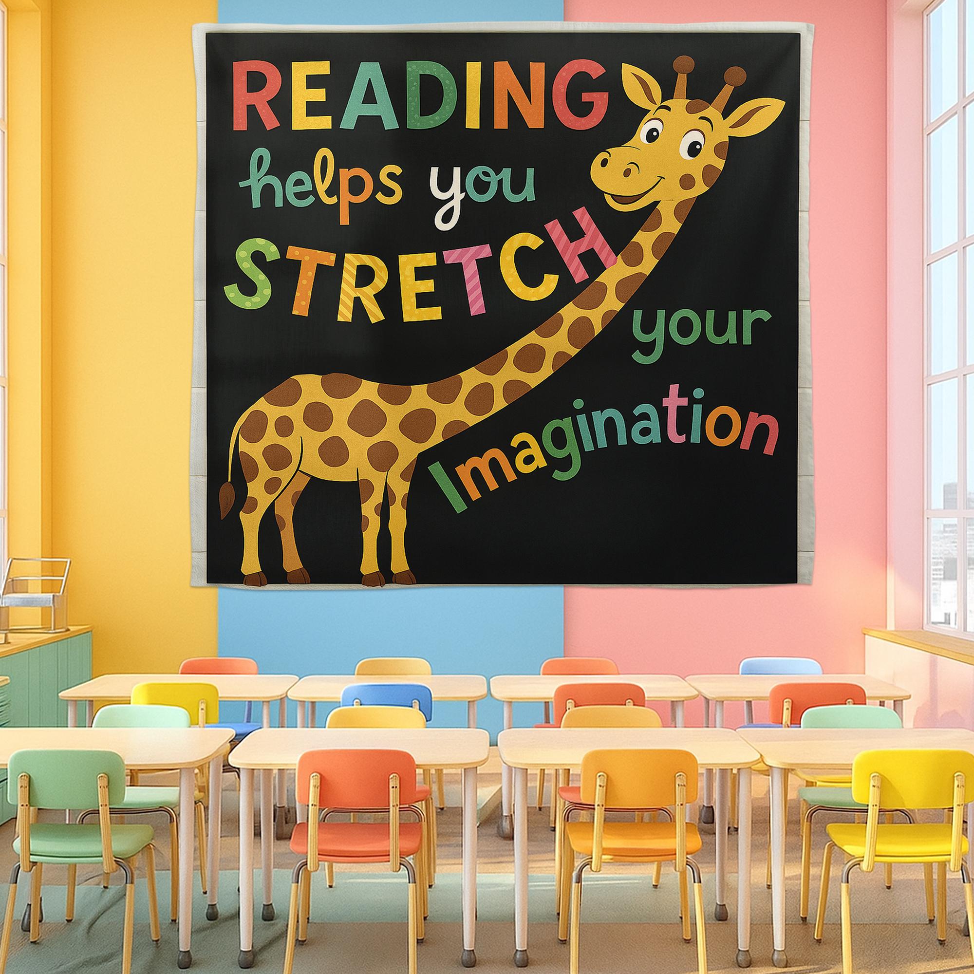 Reading Giraffe Classroom Tapestry, Stretch Your Imagination Wall Decor, Kids Reading Poster, Teacher Library Banner, Book Lover Sign